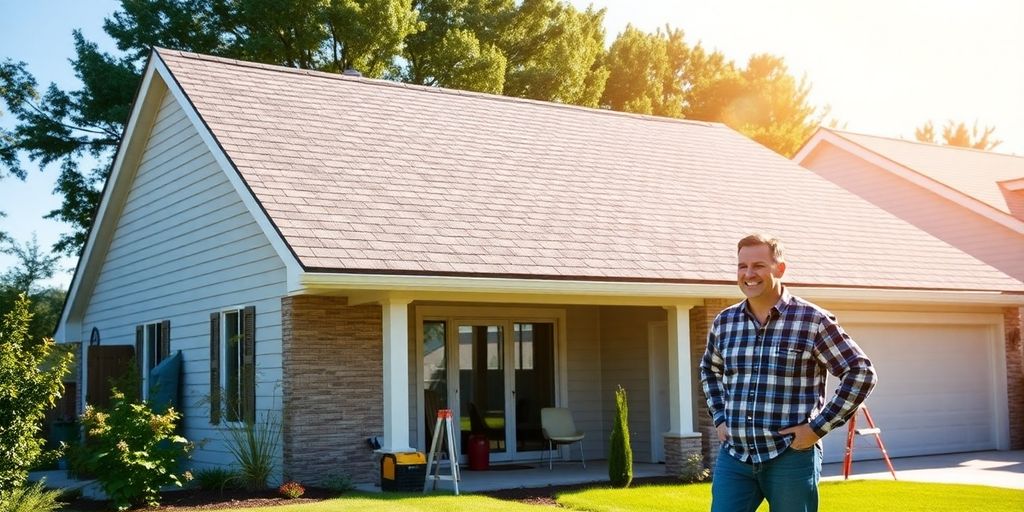 House with a new roof and happy homeowner