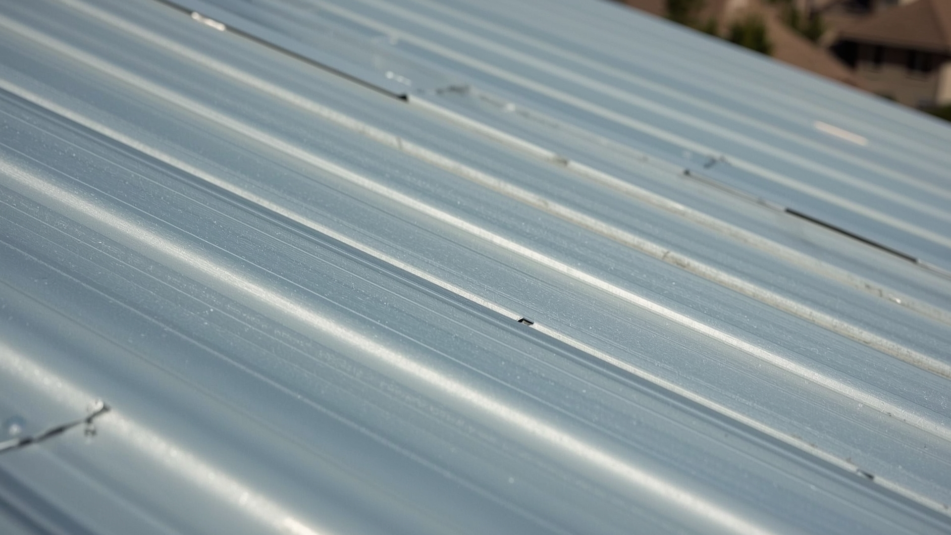 Close-up macro view of raised vertical seams on standing seam metal roof panels
