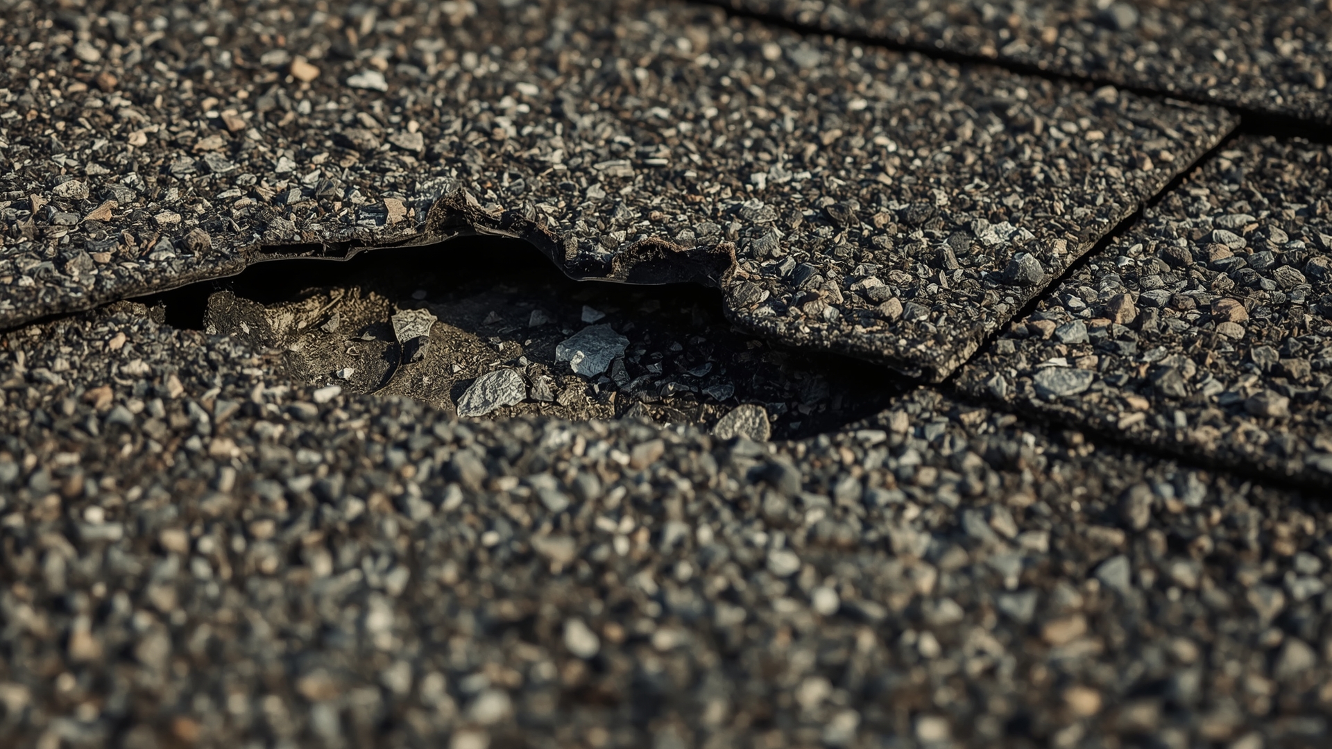 Close-up of damaged asphalt shingles showing curling edges and granule loss on aging roof