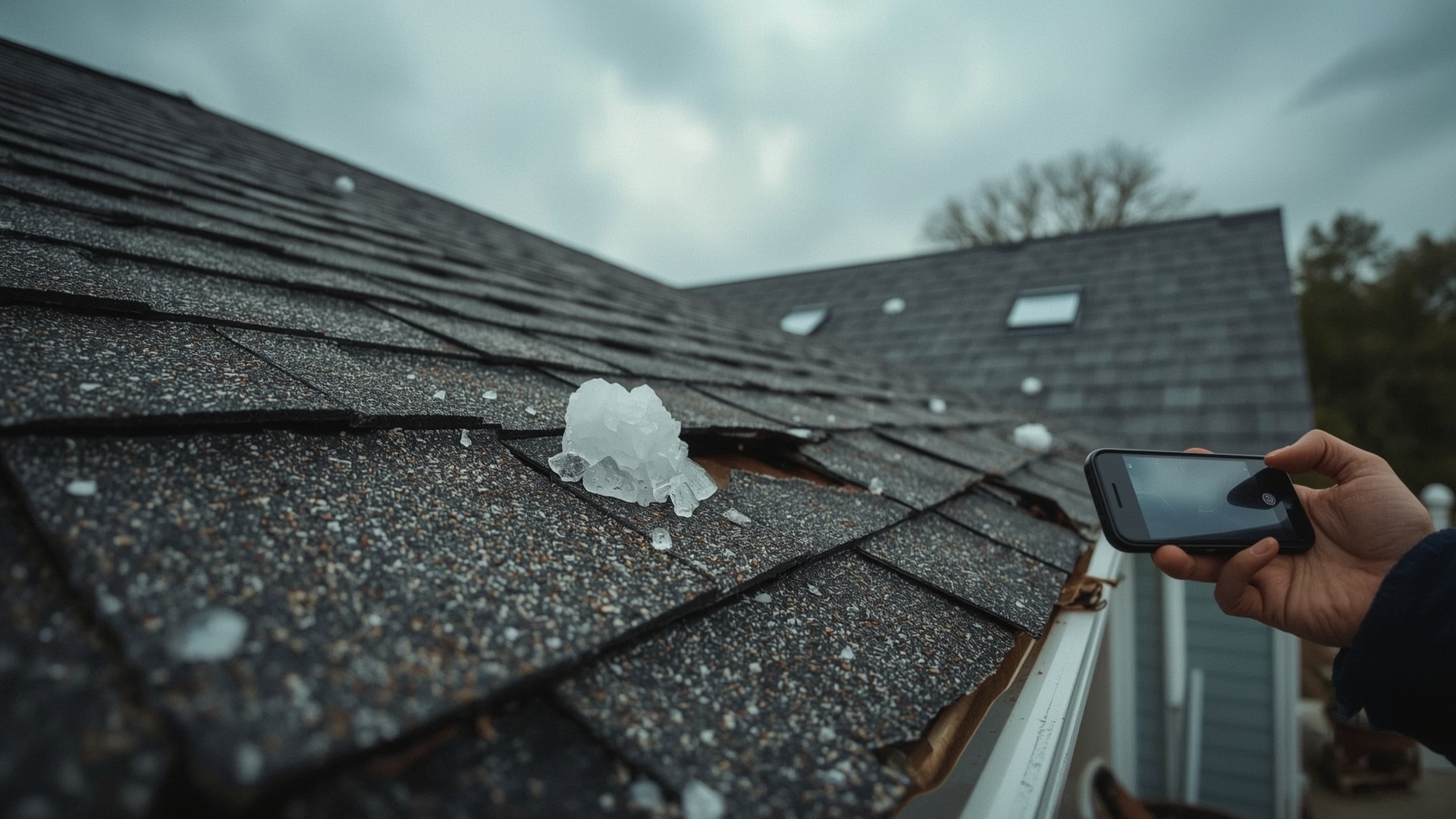 Homeowner documenting hail damage on asphalt roof shingles after a storm