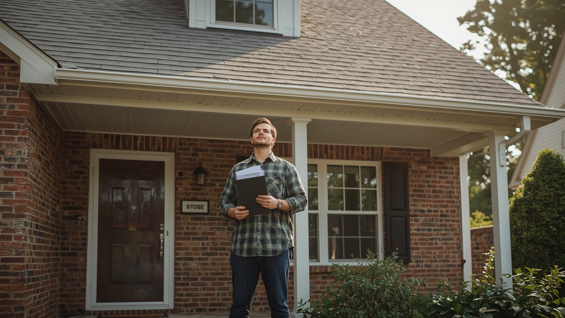 Homeowner reviewing insurance discount documents outside home with new impact resistant shingle roof