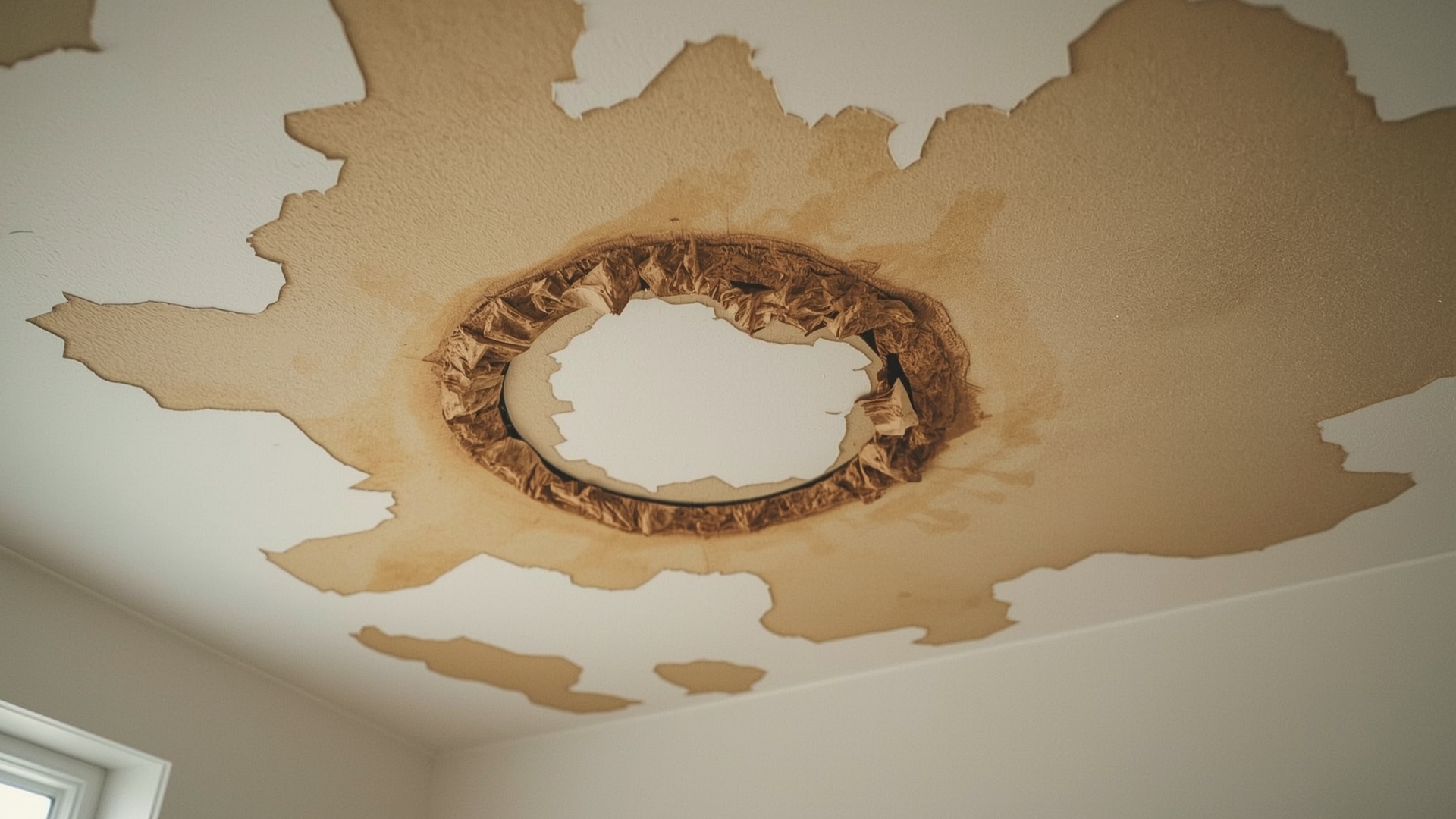 Interior ceiling with brown water stain rings indicating active roof leak and moisture infiltration damage