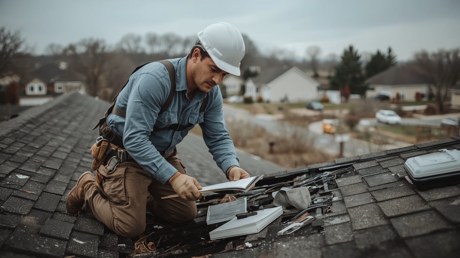 Licensed roofing contractor inspecting storm damage on residential roof during insurance claim process