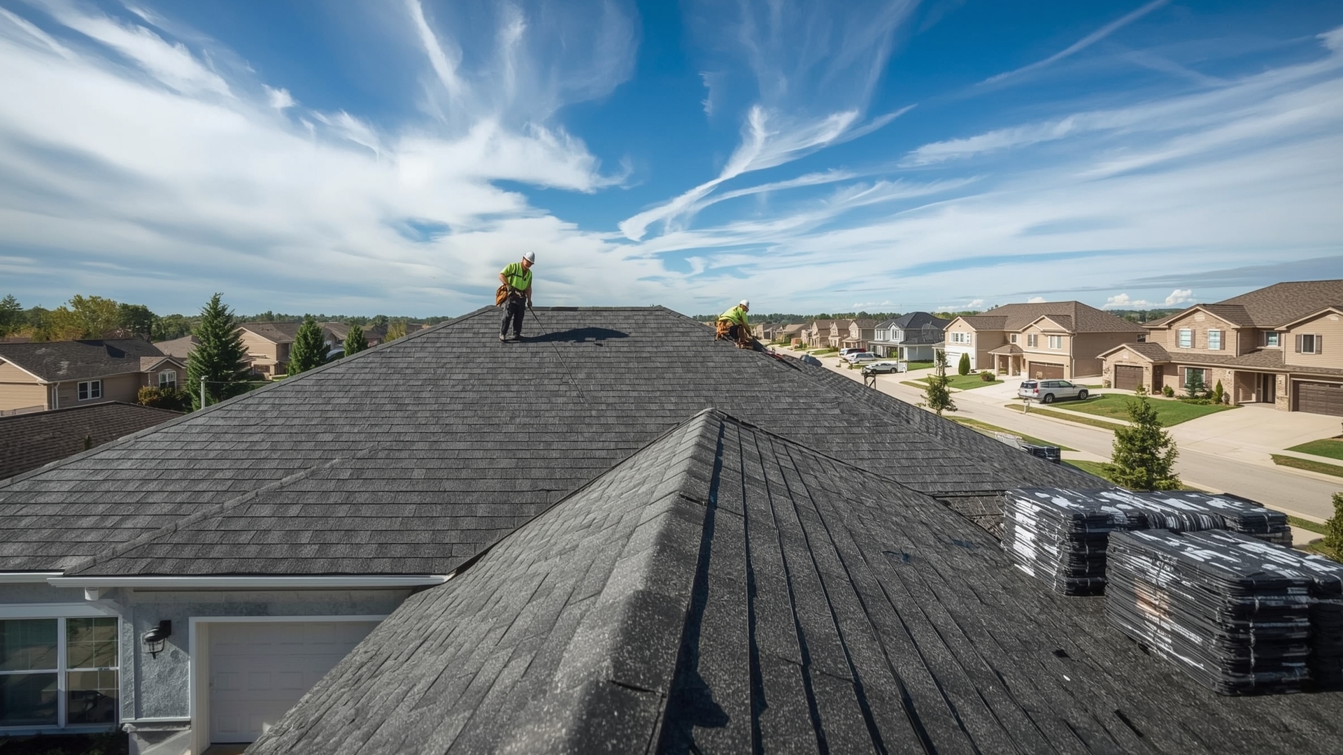 Professional roofers installing Class 4 impact resistant shingles on suburban residential home