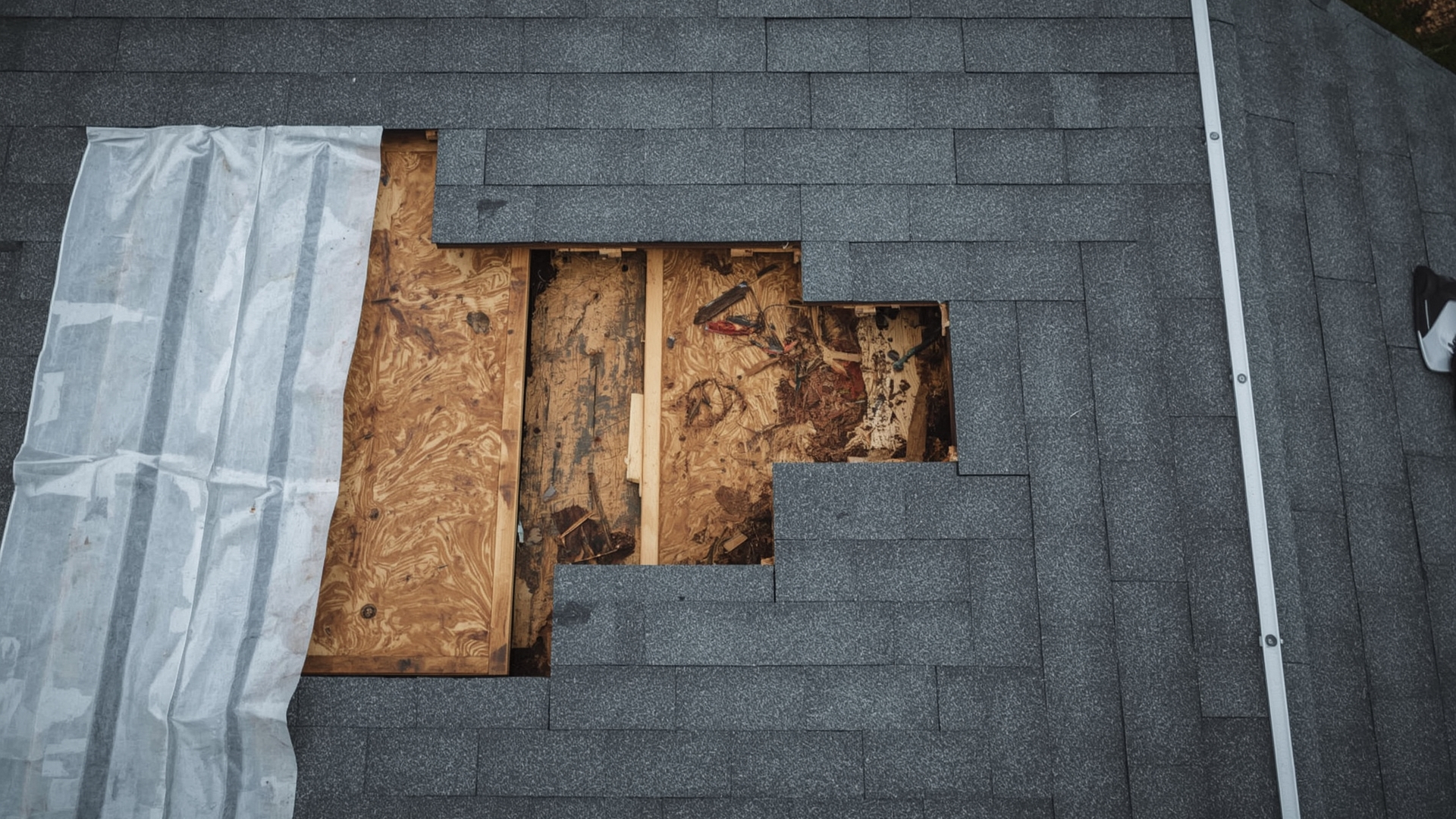 Roof deck exposed during replacement showing damaged plywood and new underlayment installation