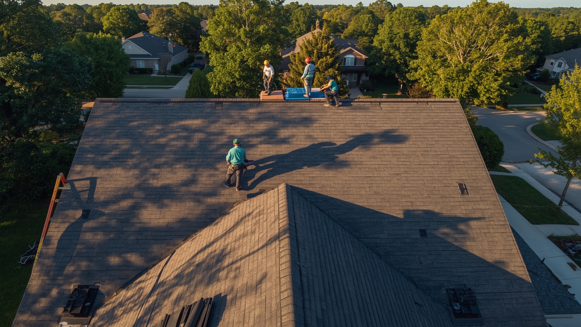 Roofing crew installing asphalt shingles on suburban home during roof replacement project