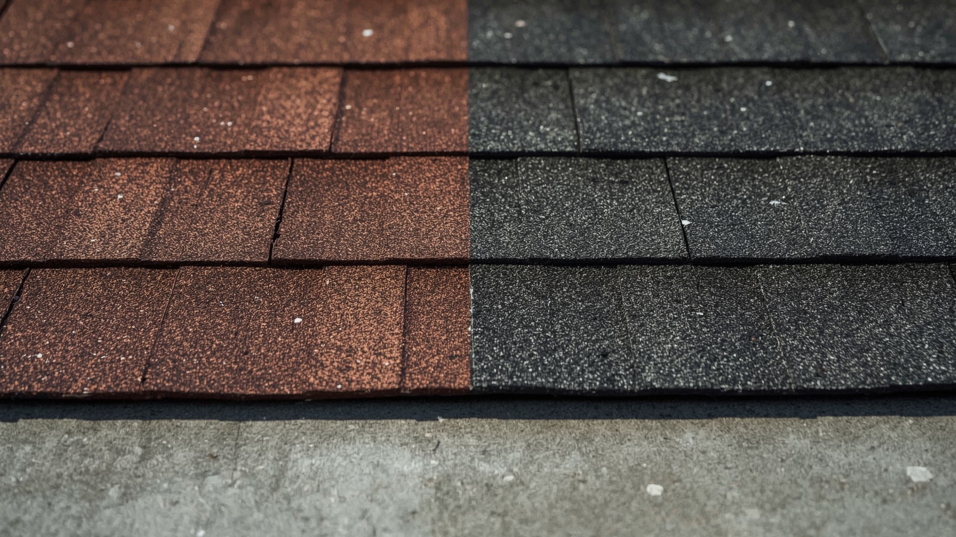 Side by side comparison of aged and new asphalt roofing shingles illustrating insurance depreciation concepts
