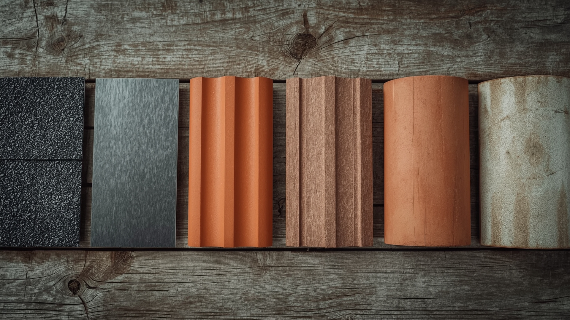 Side-by-side comparison of five roofing material samples including asphalt shingles metal tile and cedar