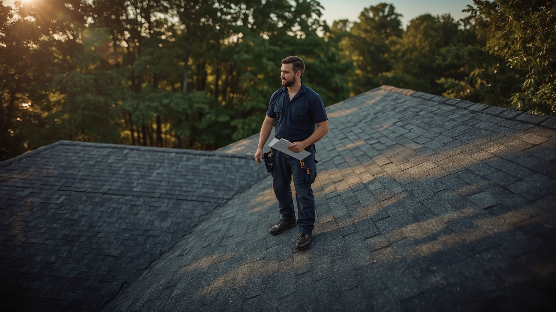 Certified roofing contractor inspecting newly installed asphalt shingles on residential home