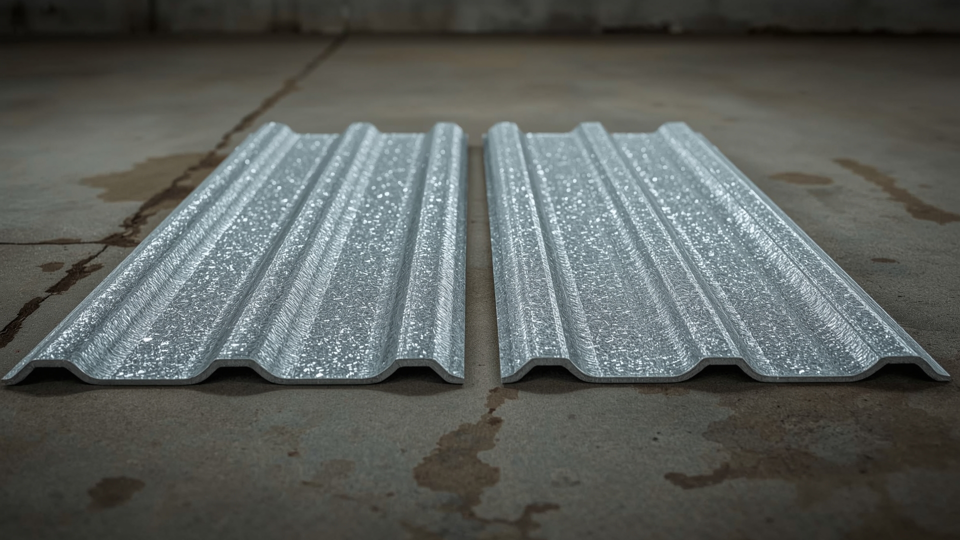 Close-up comparison of Galvalume and galvanized steel roofing panel coating surfaces