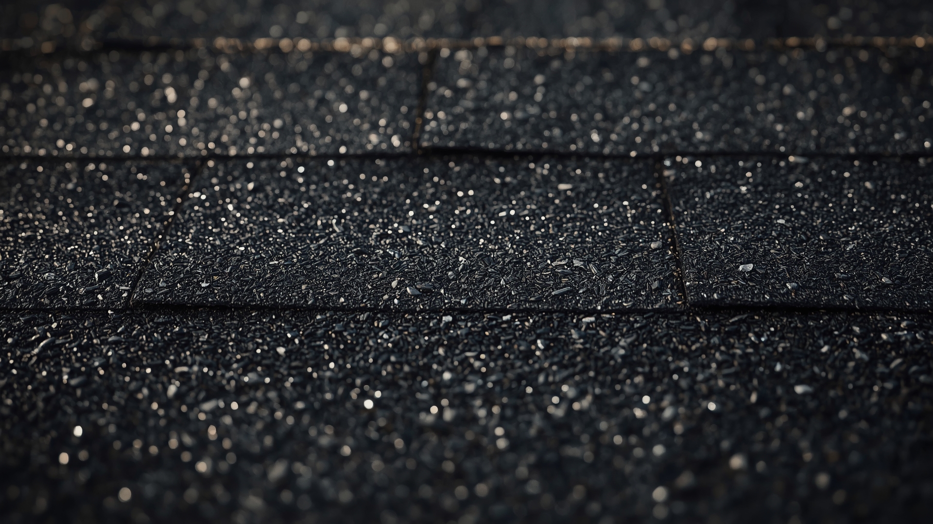 Close-up macro view of SBS modified asphalt shingle surface texture and embedded granules