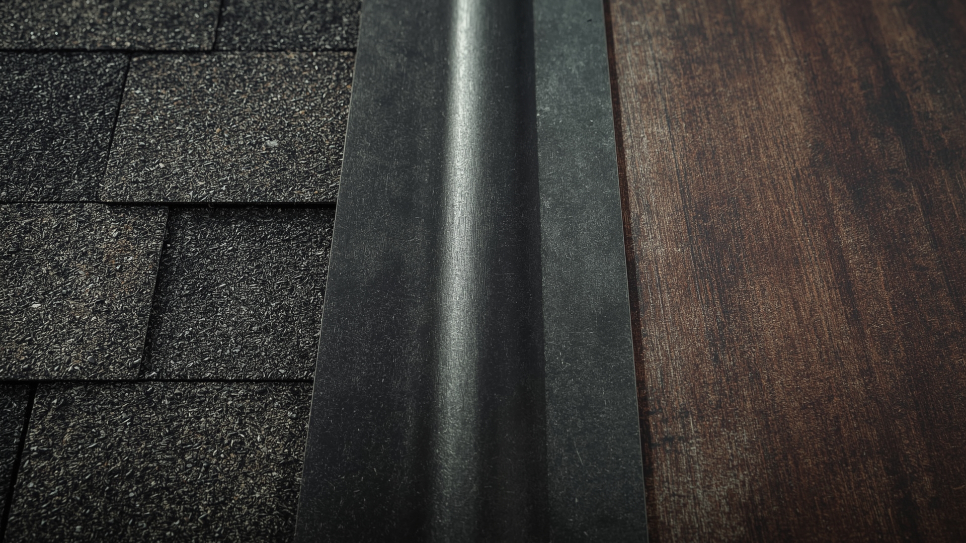 Close-up of asphalt shingle metal and slate roofing material samples showing texture and age
