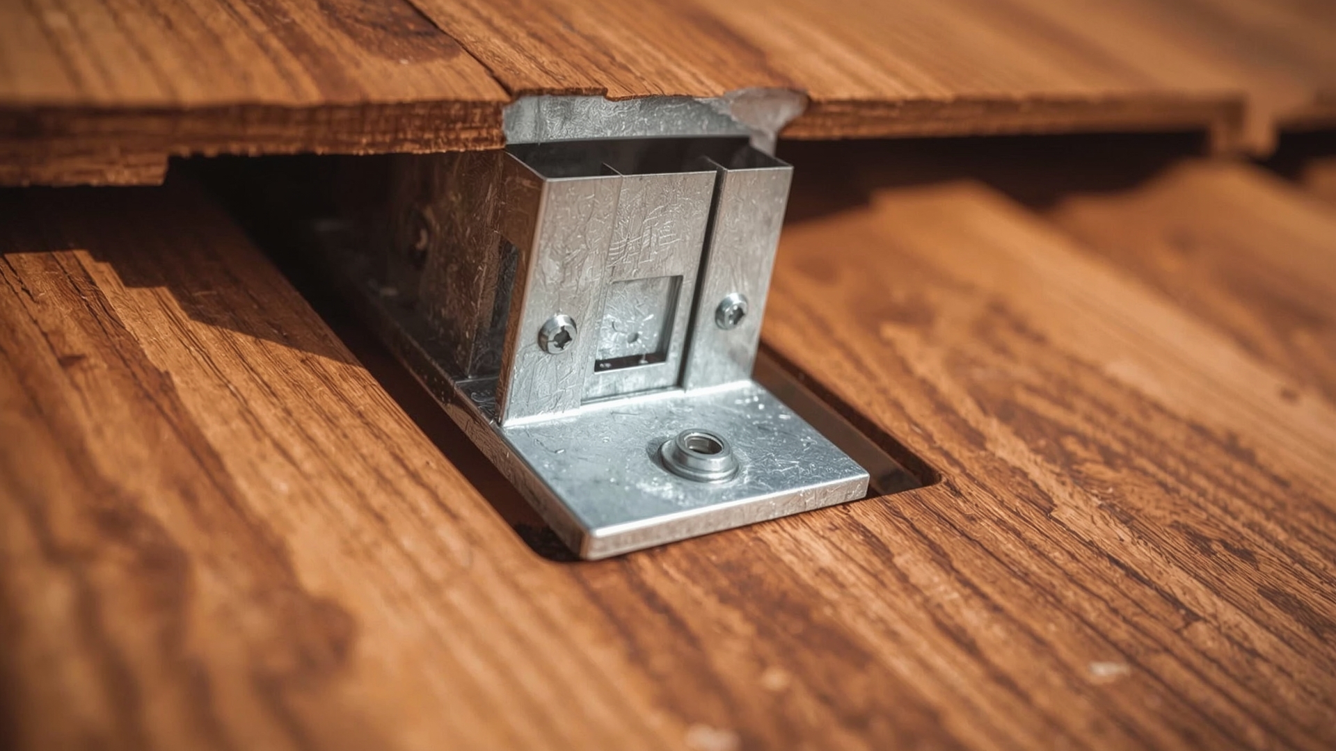 Close-up of concealed metal roof clip system with interlocking standing seam panel