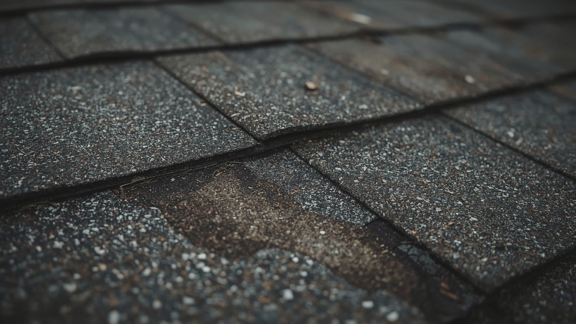 Close-up of damaged asphalt shingles showing curling edges and granule loss on residential roof