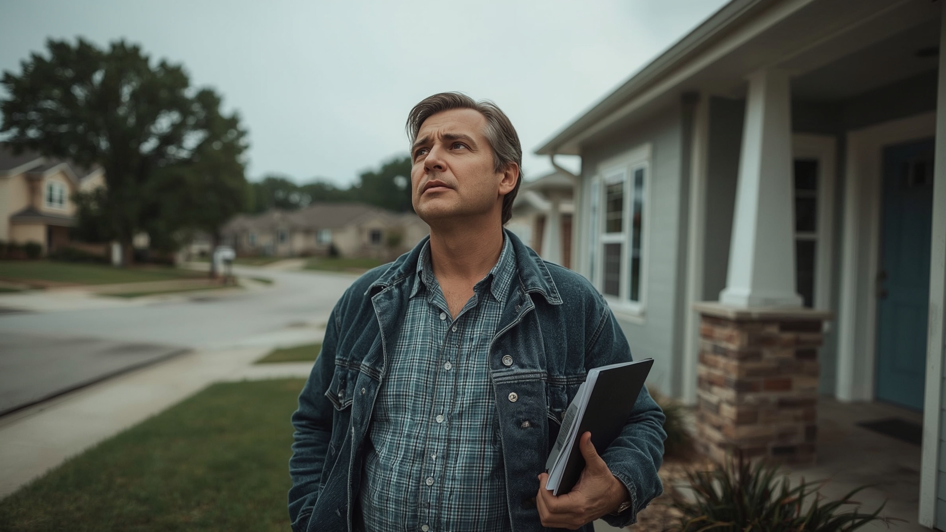 Concerned homeowner reviewing roof insurance claim documents outside residential home