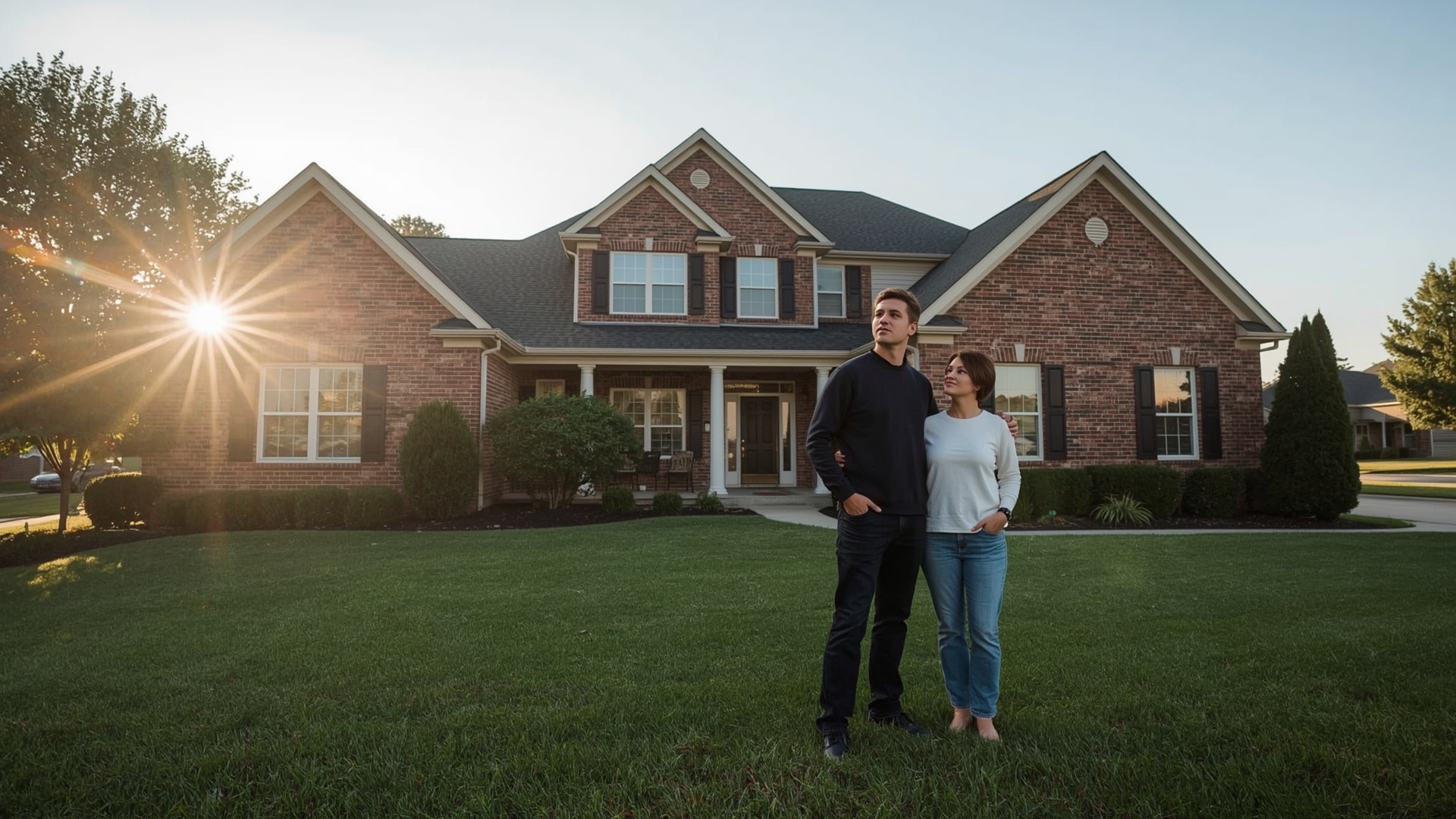 Confident homeowners standing in front of well-maintained home with new replacement cost roof