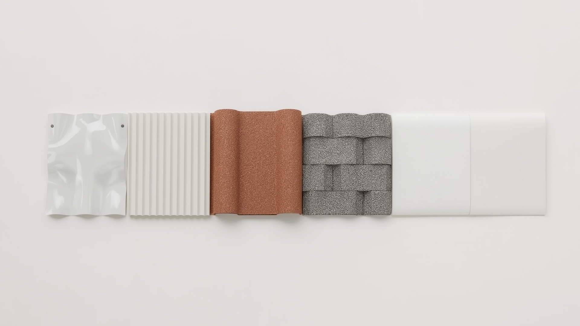 Five cool roof material samples including metal panel, clay tile, and reflective coating swatches overhead flatlay
