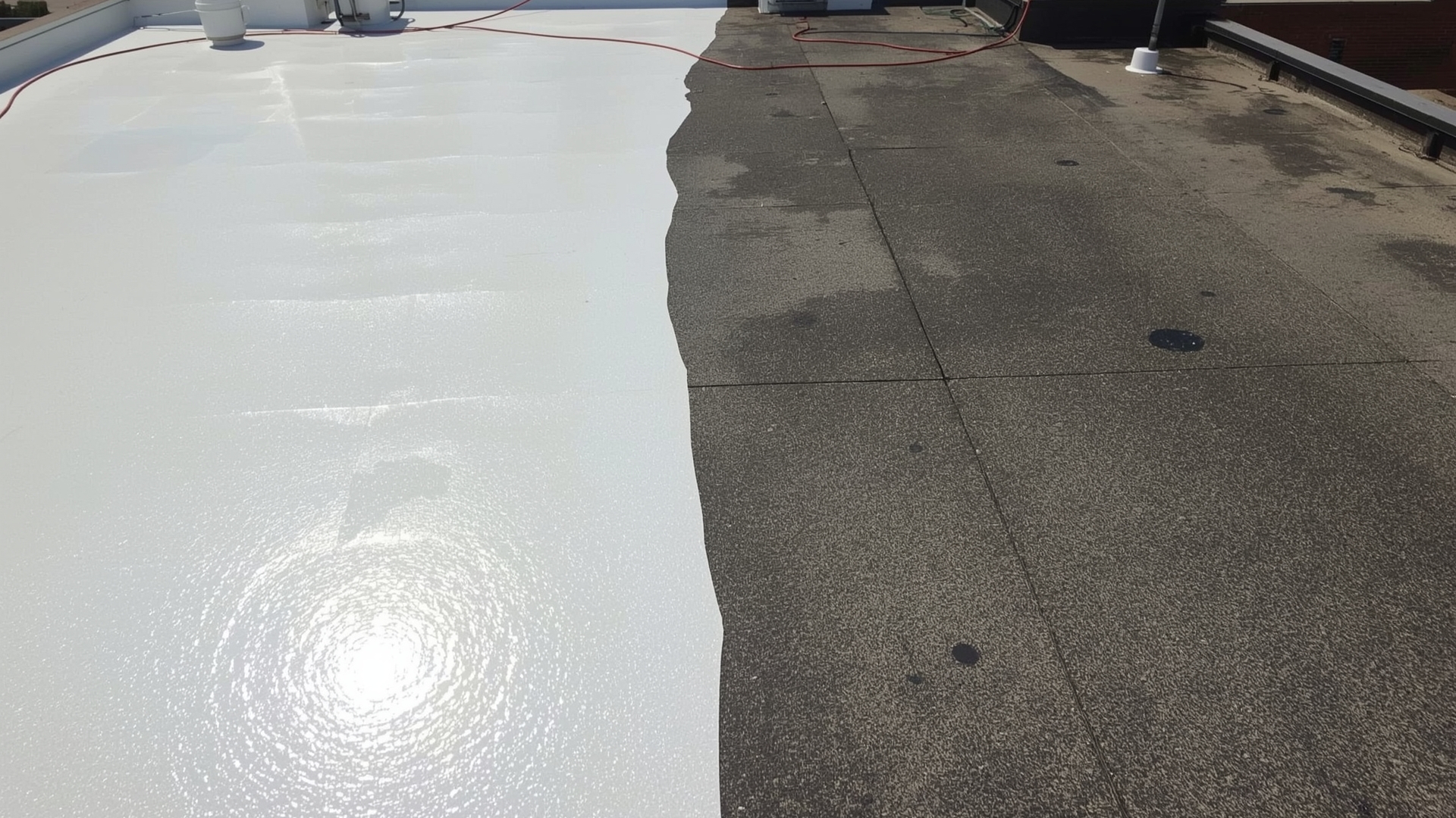 Flat roof showing white reflective elastomeric coating applied over dark aged roofing surface contrast
