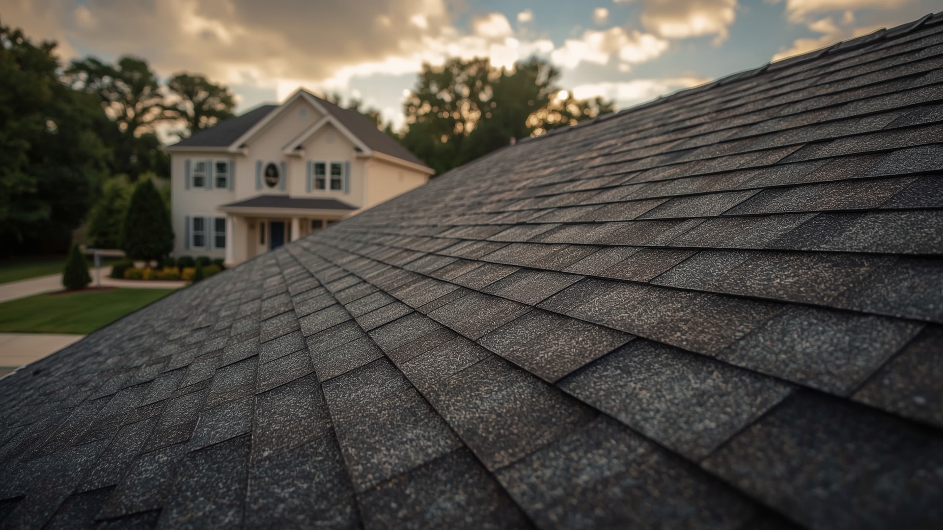 Freshly installed architectural asphalt shingles on a suburban residential home at golden hour