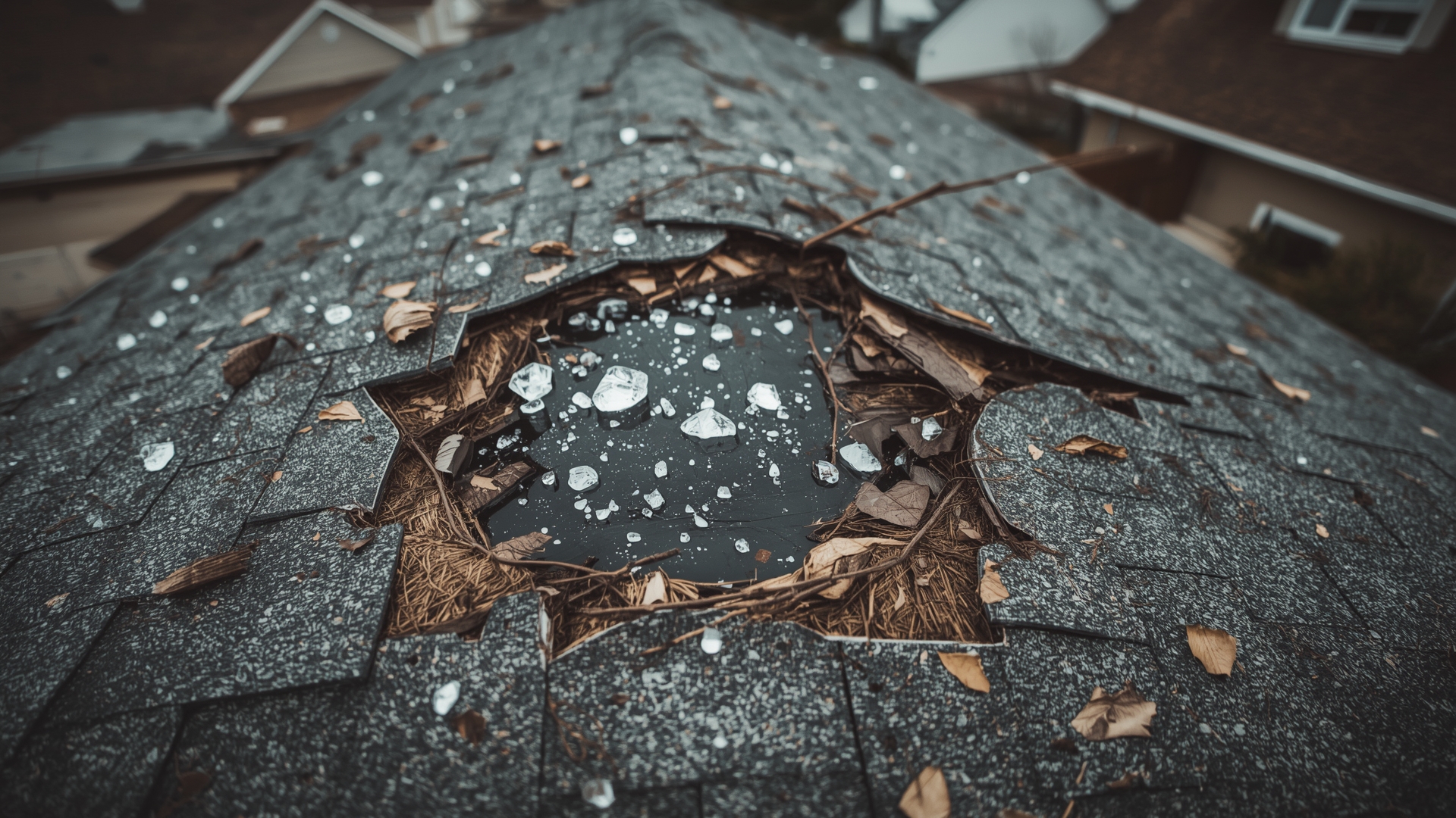 Hail damaged asphalt roof shingles with granule loss showing insurance claim damage evidence