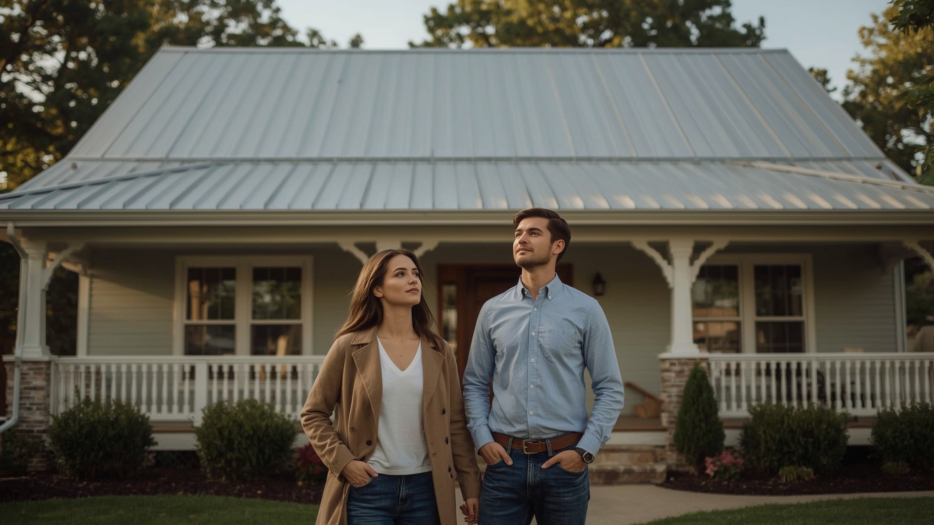 Homebuyers admiring craftsman house with premium standing seam metal roof at showing