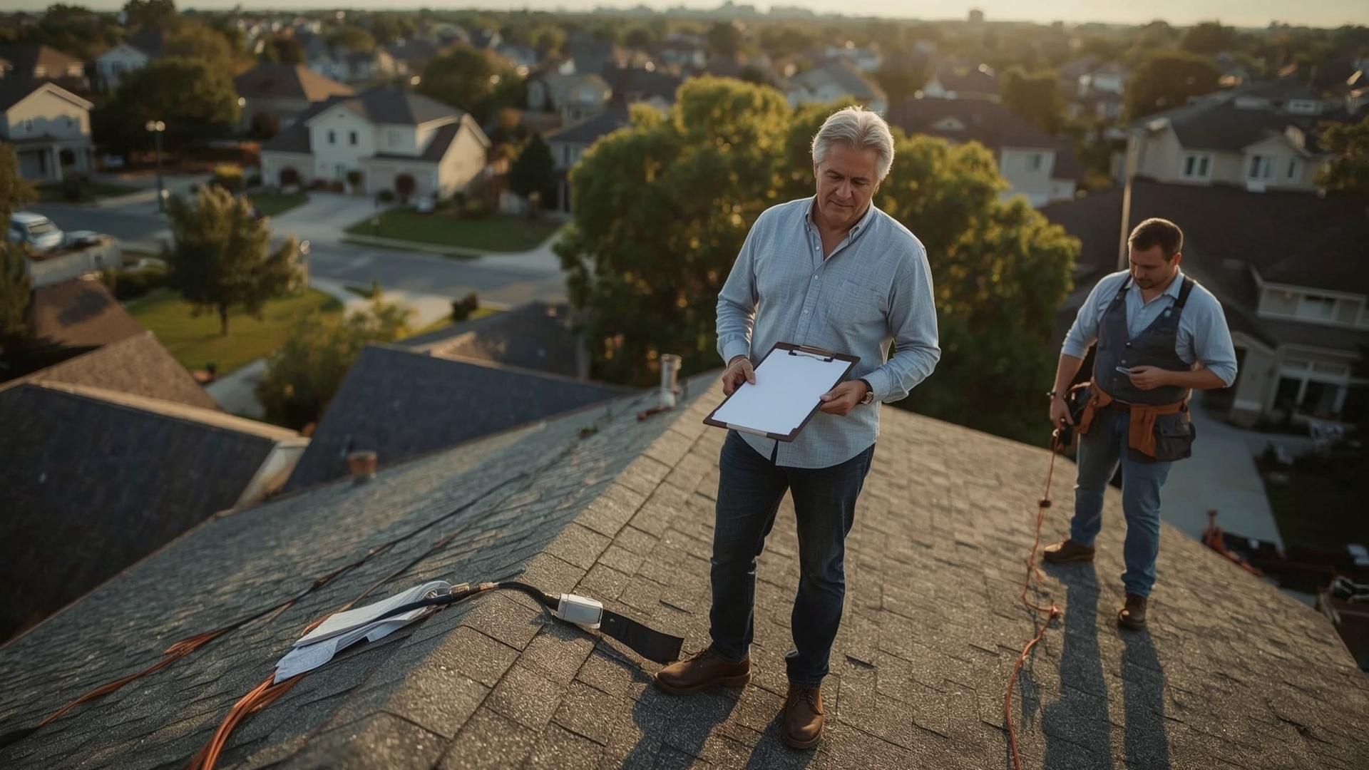 Homeowner and roofing professional reviewing roof condition during insurance dispute assessment