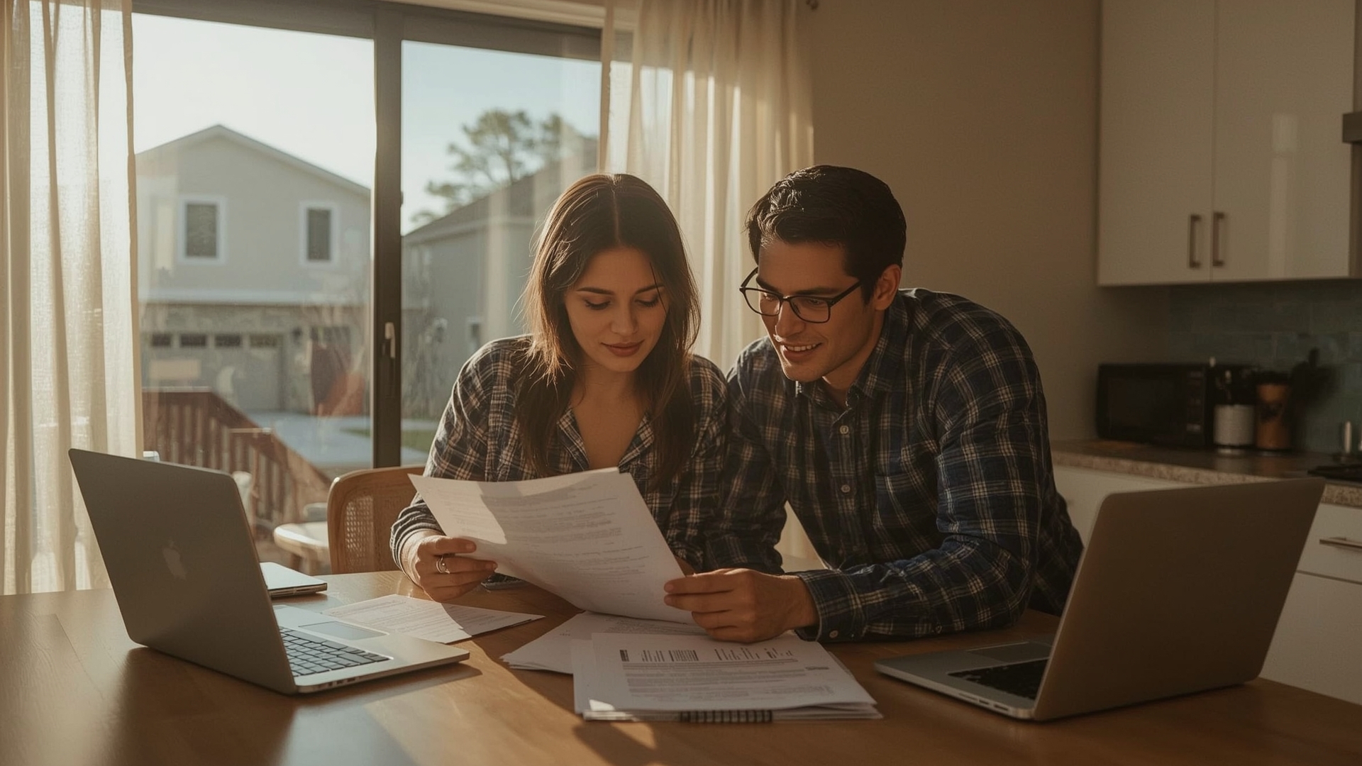Homeowner couple reviewing FHA Title I loan documents at kitchen table with home visible in background