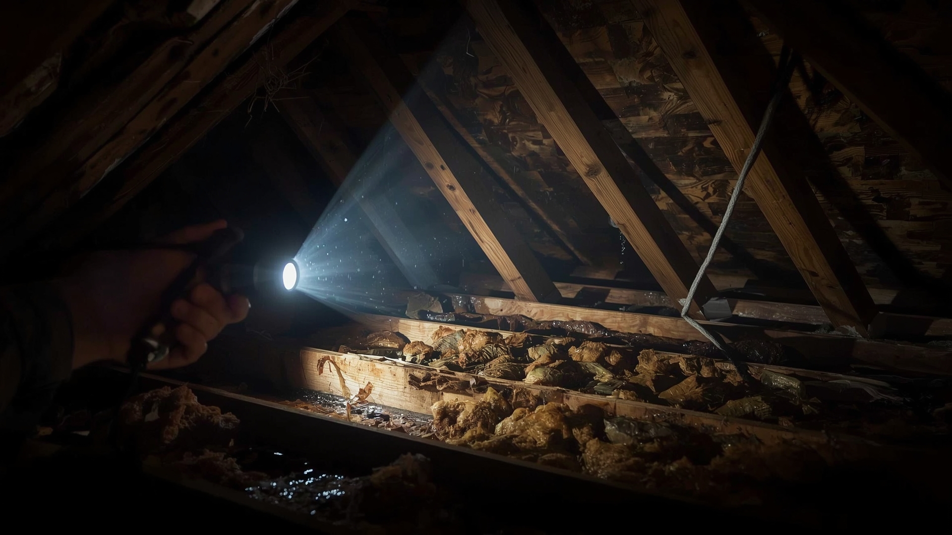 Homeowner inspecting attic roof decking with flashlight revealing water stain damage