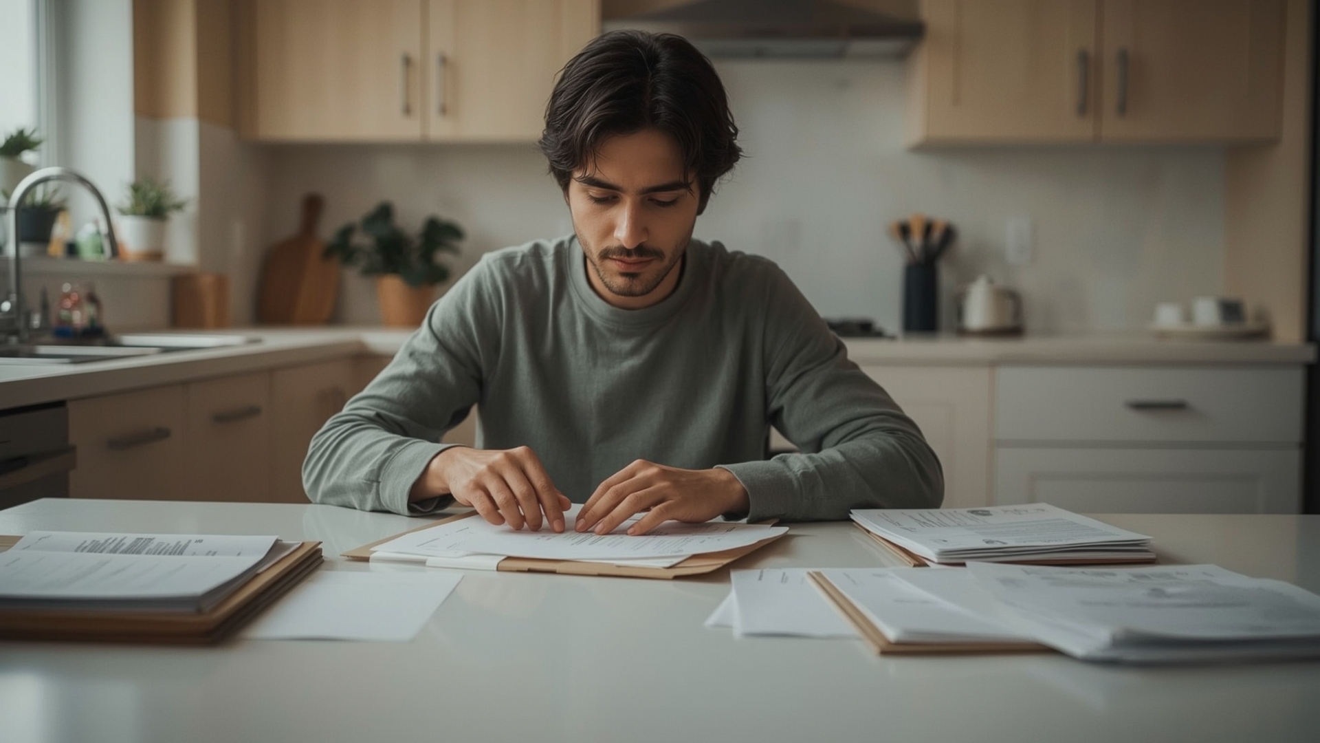 Homeowner organizing roof insurance claim documents at kitchen table for depreciation recovery