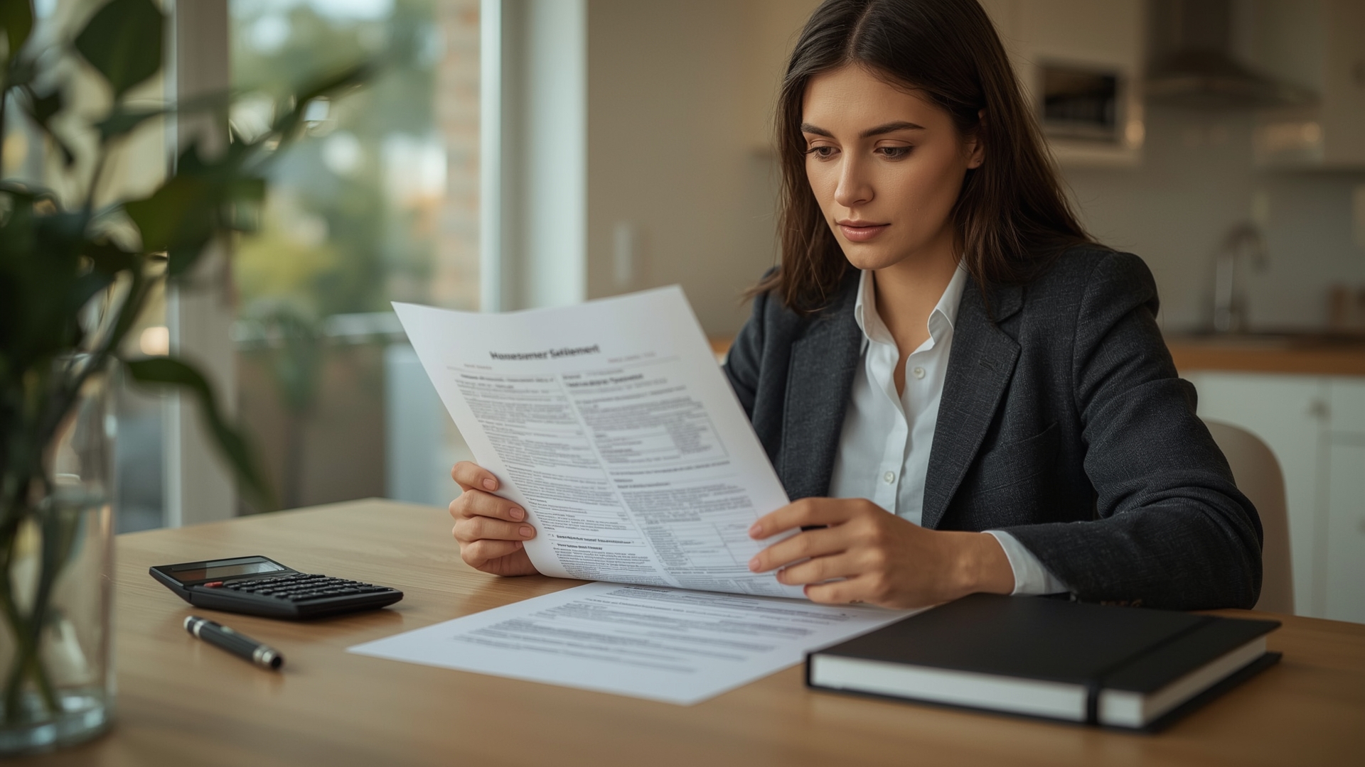 Homeowner reviewing public adjuster contract and insurance settlement figures at home