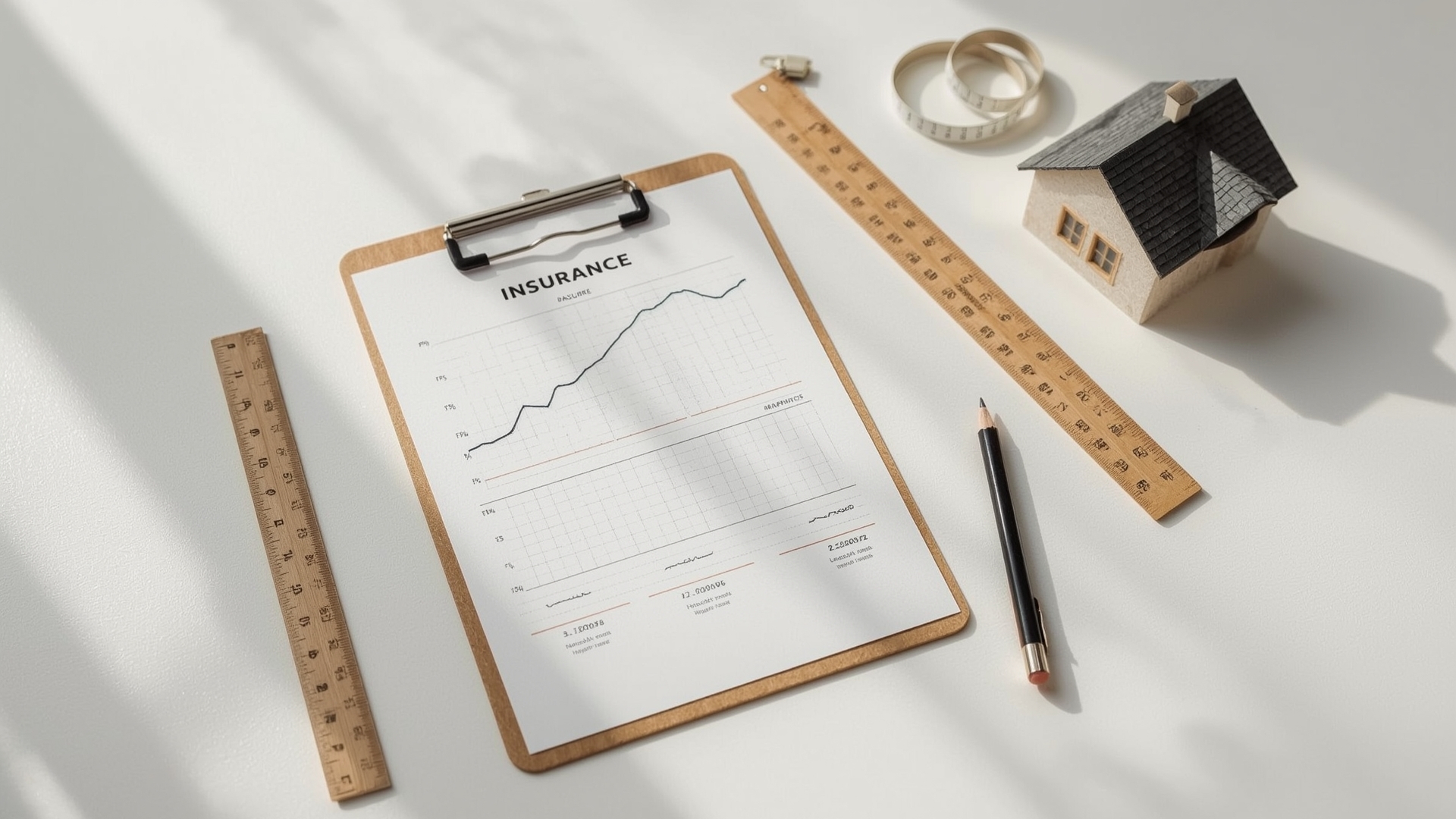 Insurance depreciation calculation tools laid out on desk with roofing model and clipboard