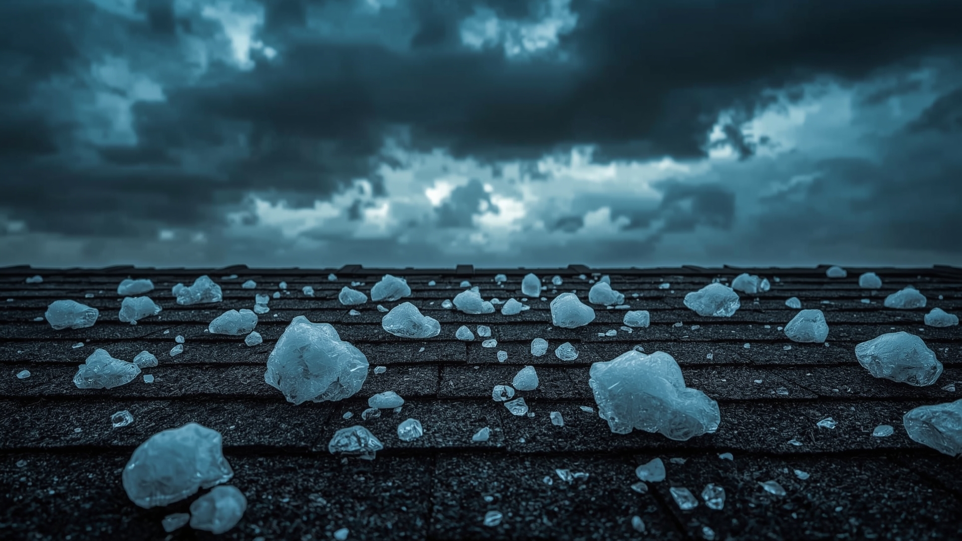 Large hailstones resting on dark asphalt roof shingles during a severe hail storm