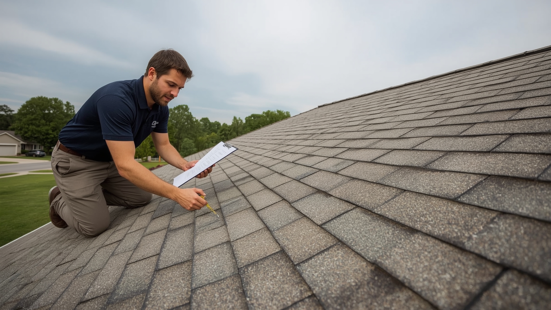 Licensed appraiser inspecting residential roof shingles during insurance appraisal process