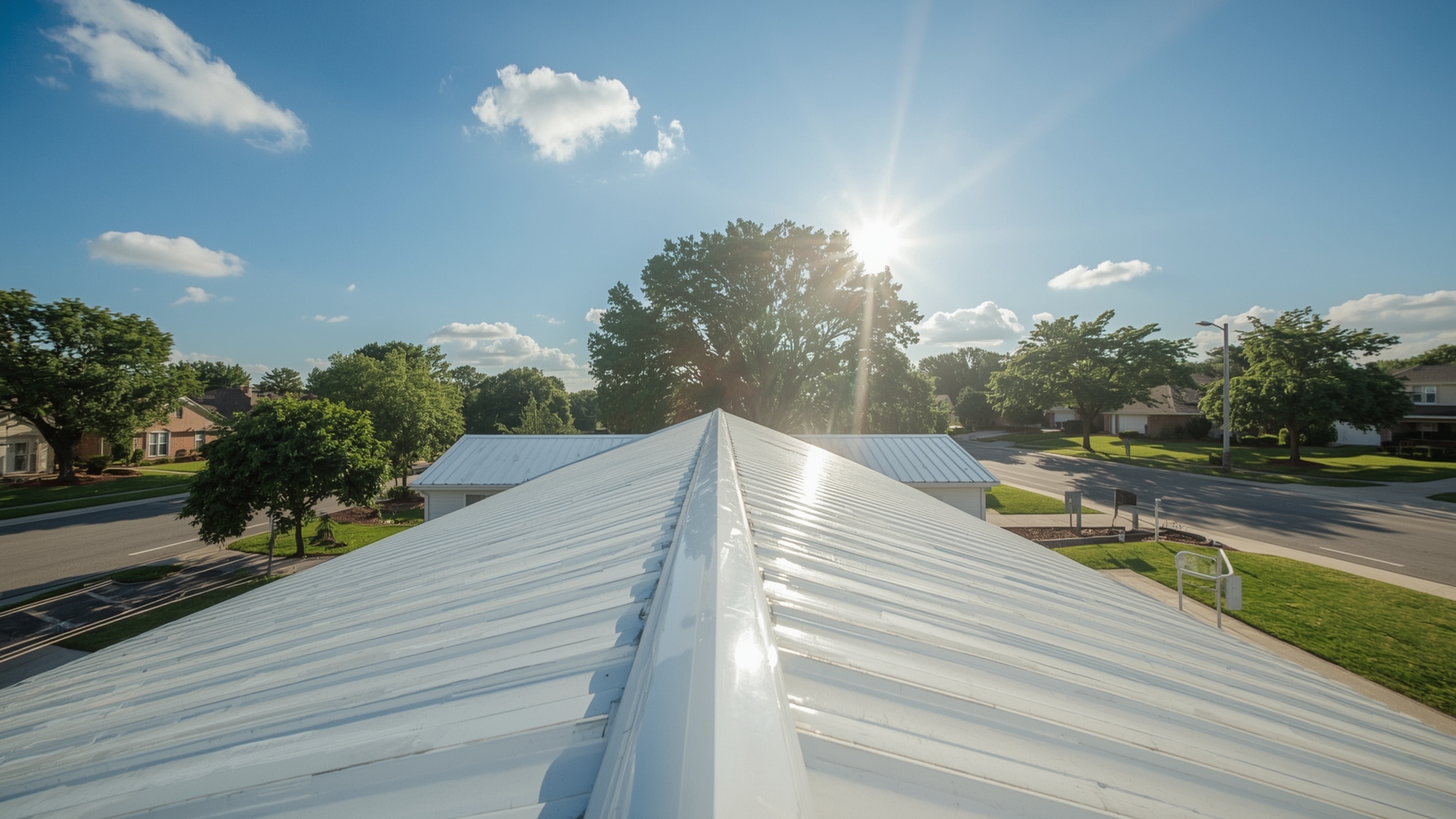 Light-colored reflective metal roof on suburban home reflecting sunlight on a hot sunny day