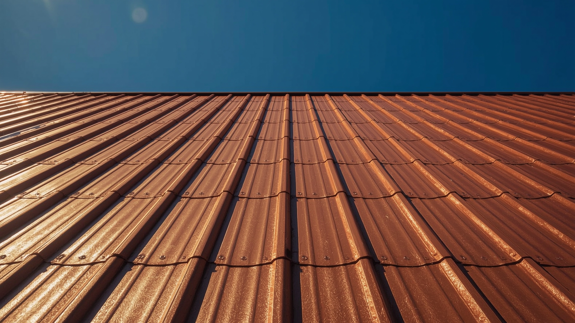 Long standing seam metal roof panels showing thermal expansion characteristics in summer sunlight