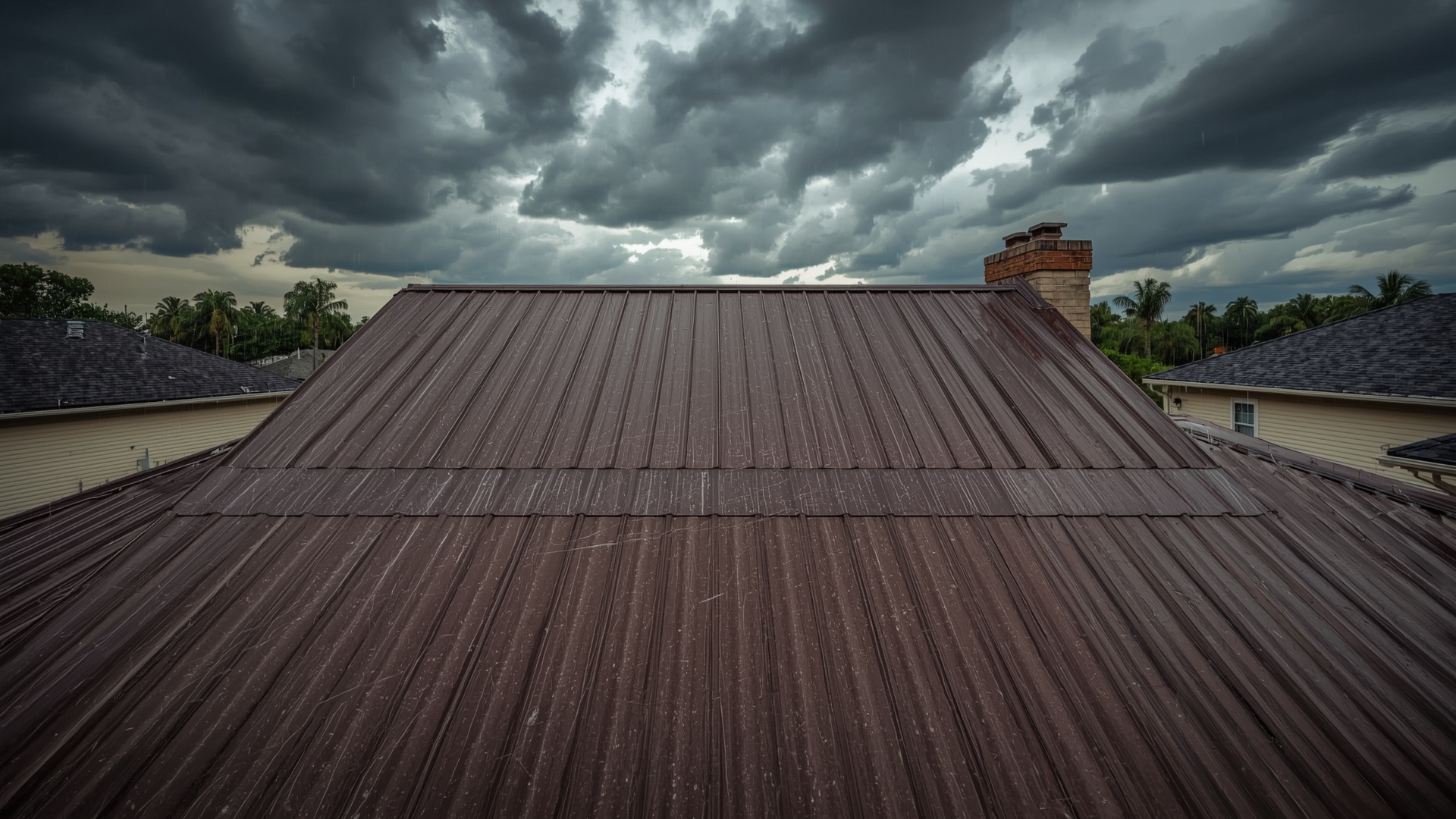 Metal roof shedding heavy rain protecting home and qualifying for insurance premium discounts