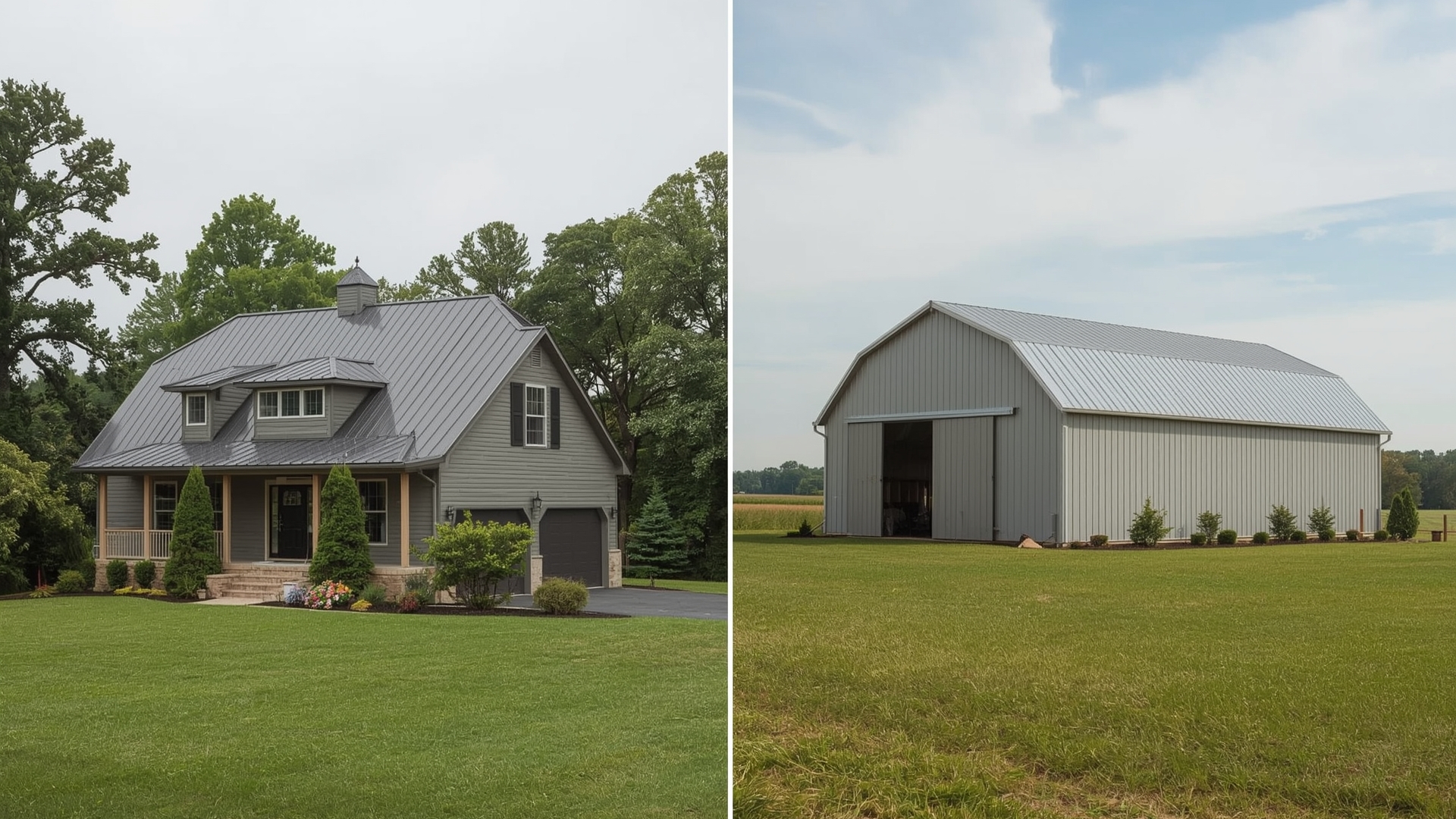 Modern home with concealed standing seam roof beside agricultural barn with exposed fastener metal panels