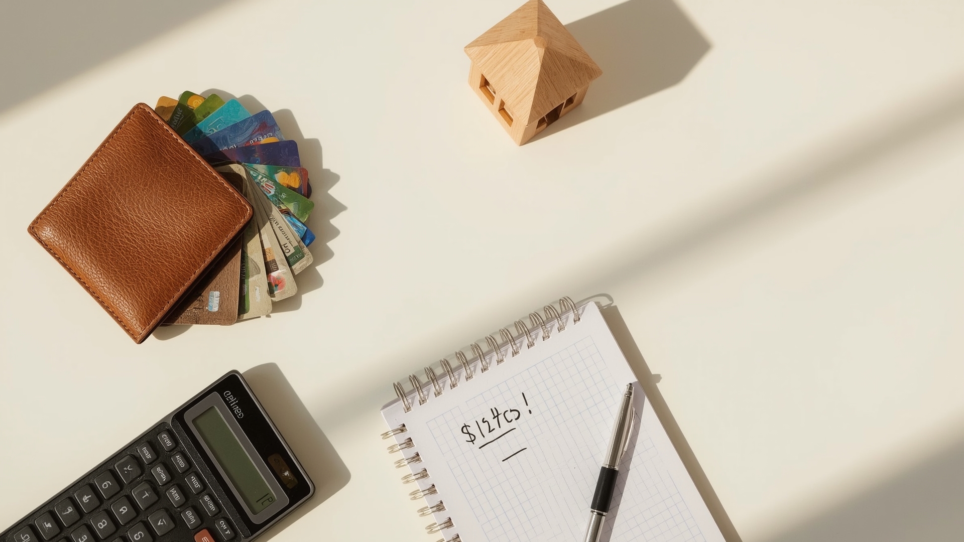 Overhead flat lay of wallet, house model, and financial planning tools for roof financing comparison