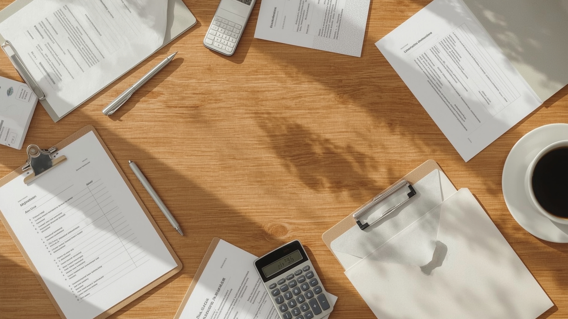 Overhead view of organized insurance claim documents checklist and paperwork on desk