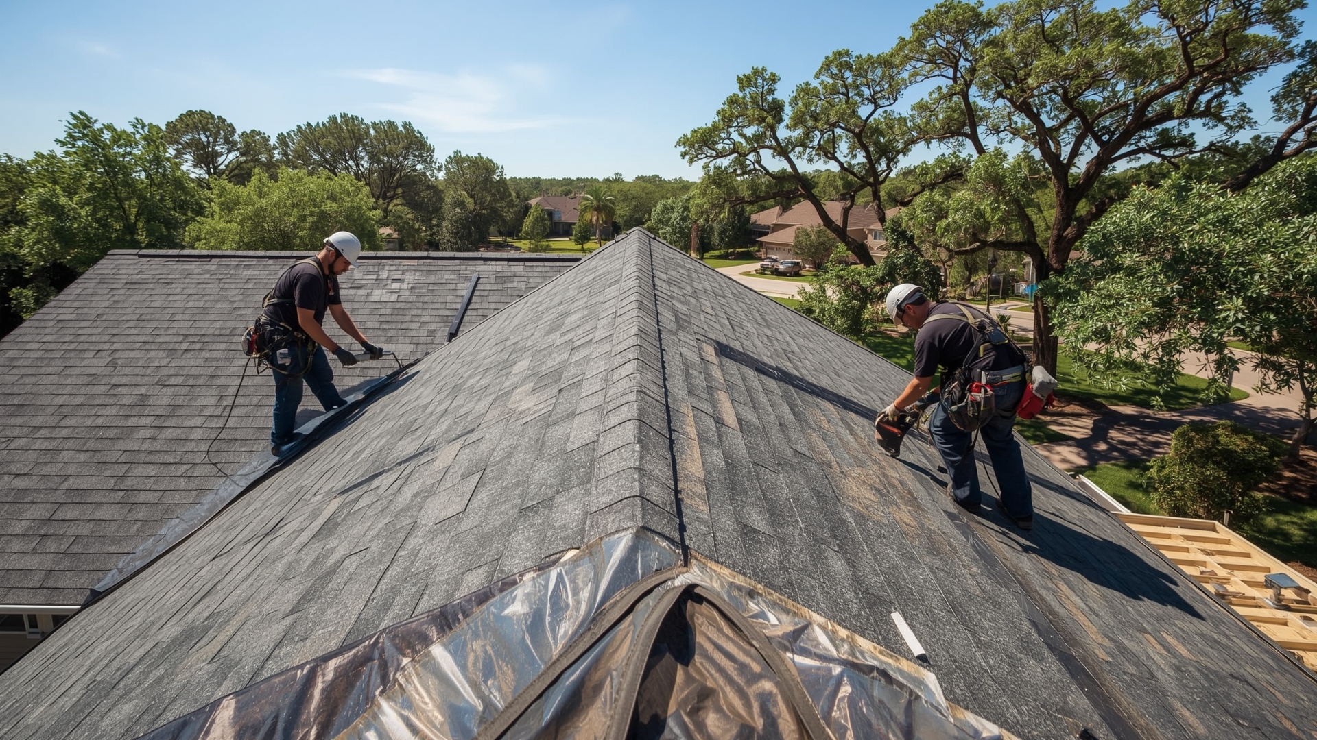 Professional roofing contractors installing shingles on residential gable roof replacement project
