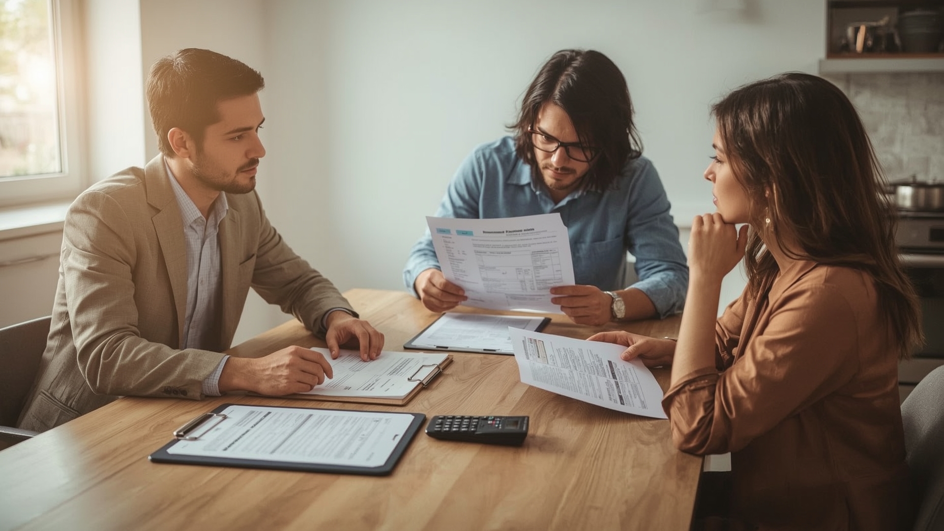 Public adjuster consulting with homeowners reviewing roof insurance claim documents at home