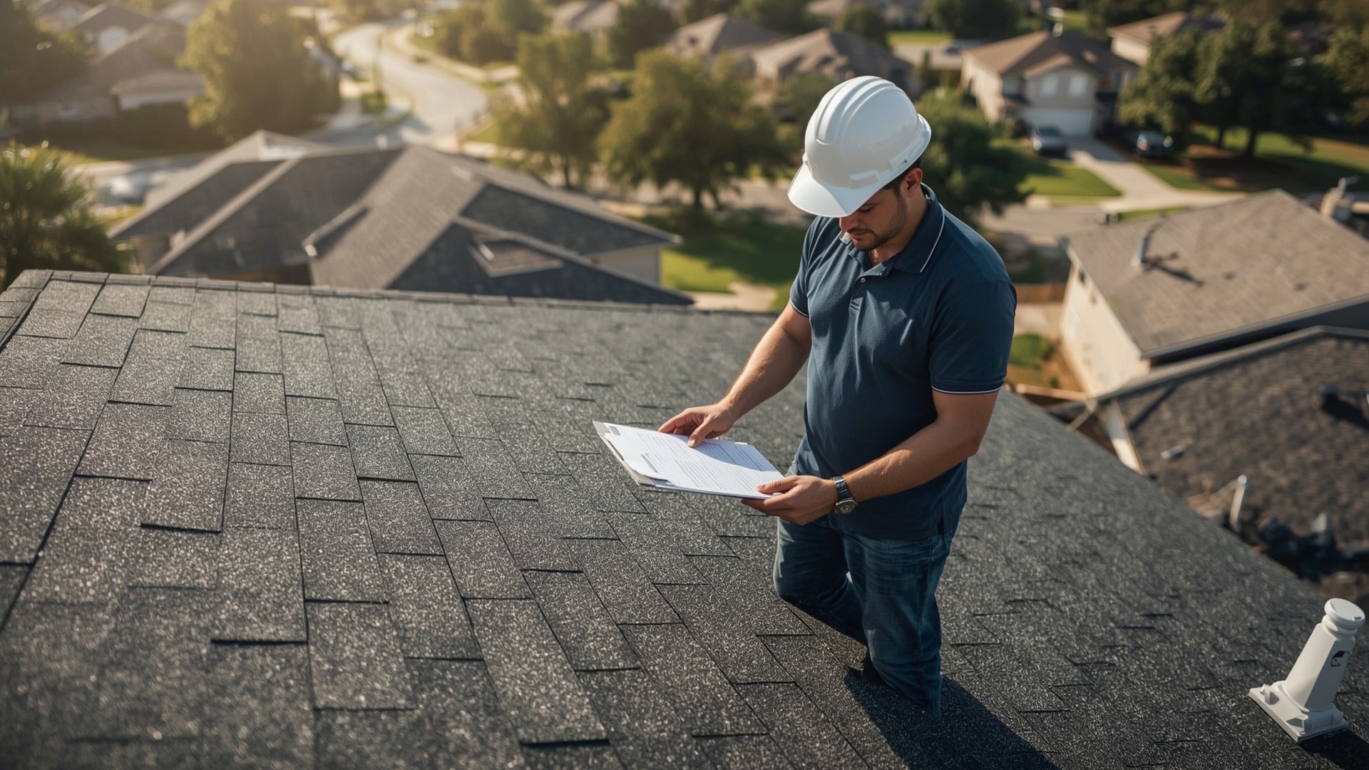 Public adjuster inspecting residential roof damage during insurance claim evaluation