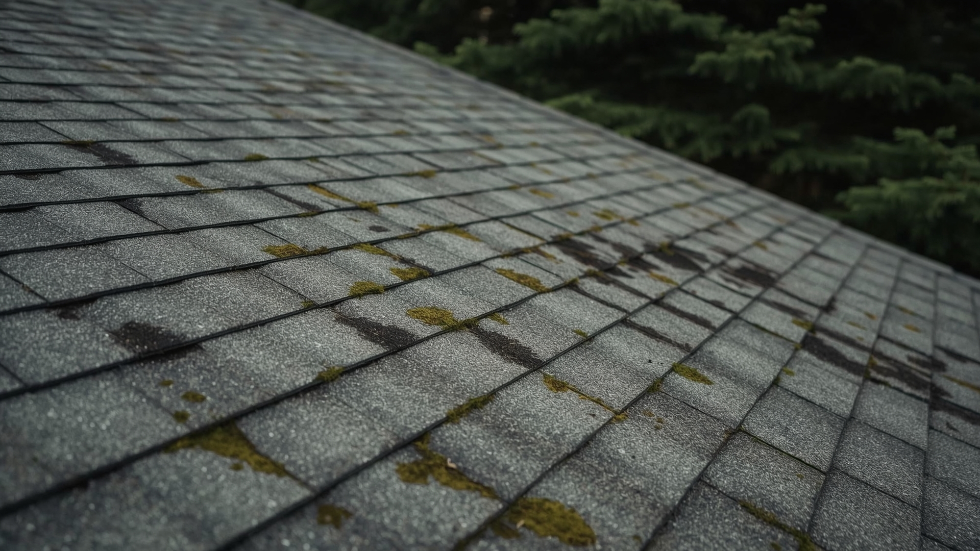 Residential roof shingles covered with green moss patches and dark algae streaking in shaded area