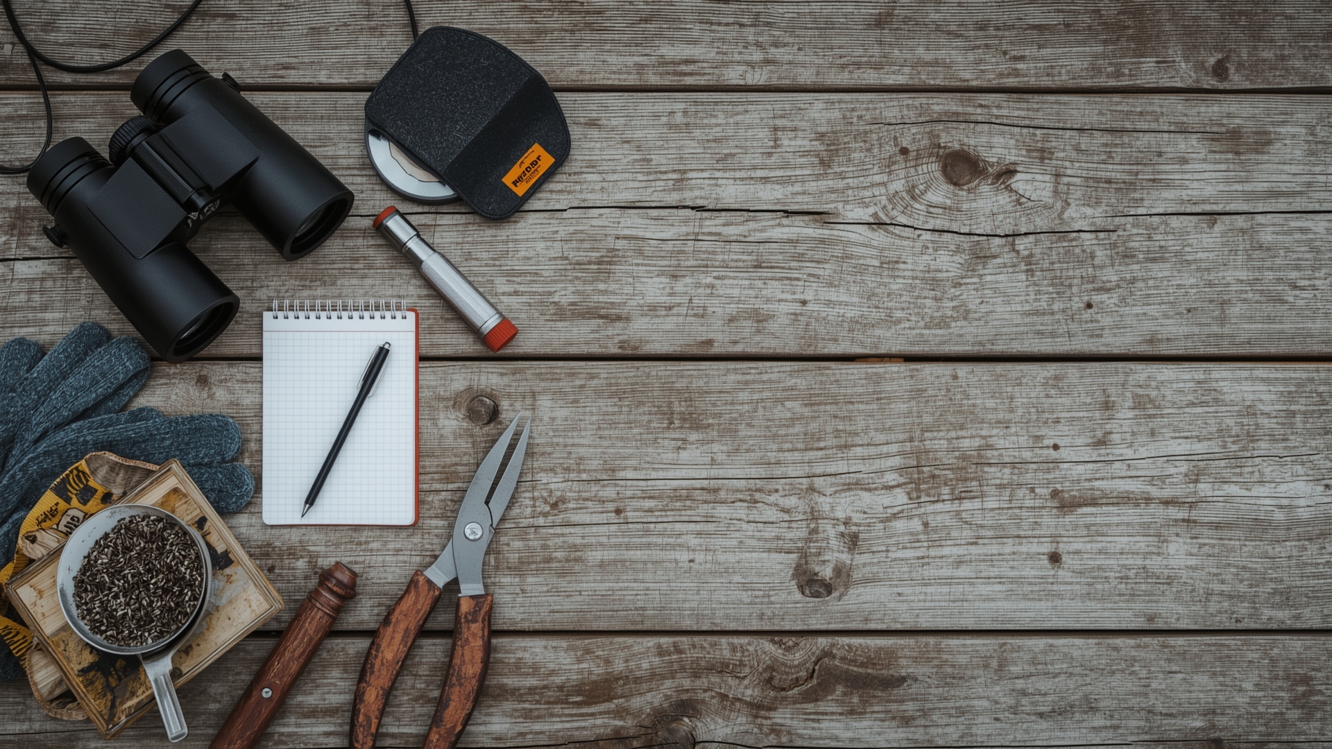 Roof maintenance checklist inspection tools arranged on wooden surface for homeowner use