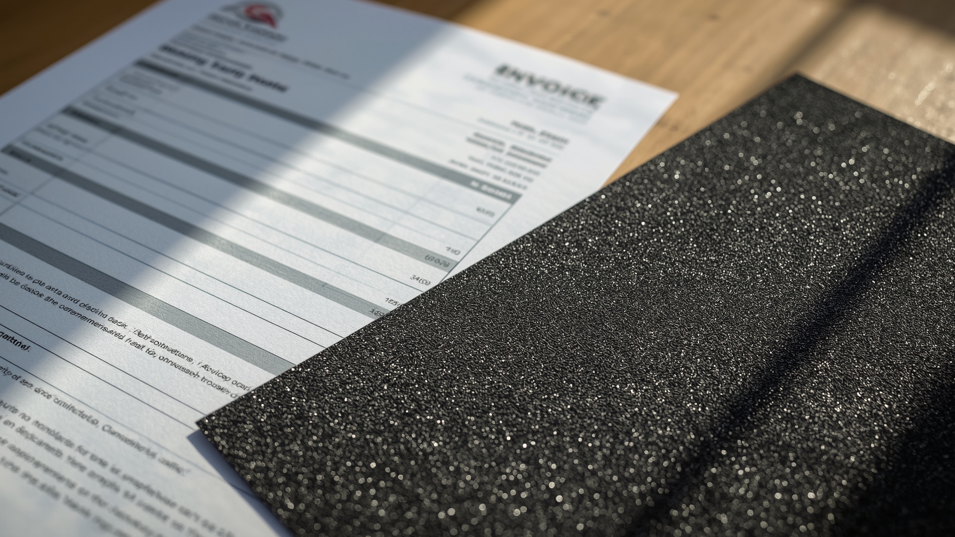 Roofing certification data sheet and contractor invoice with impact resistant shingle samples for insurance documentation