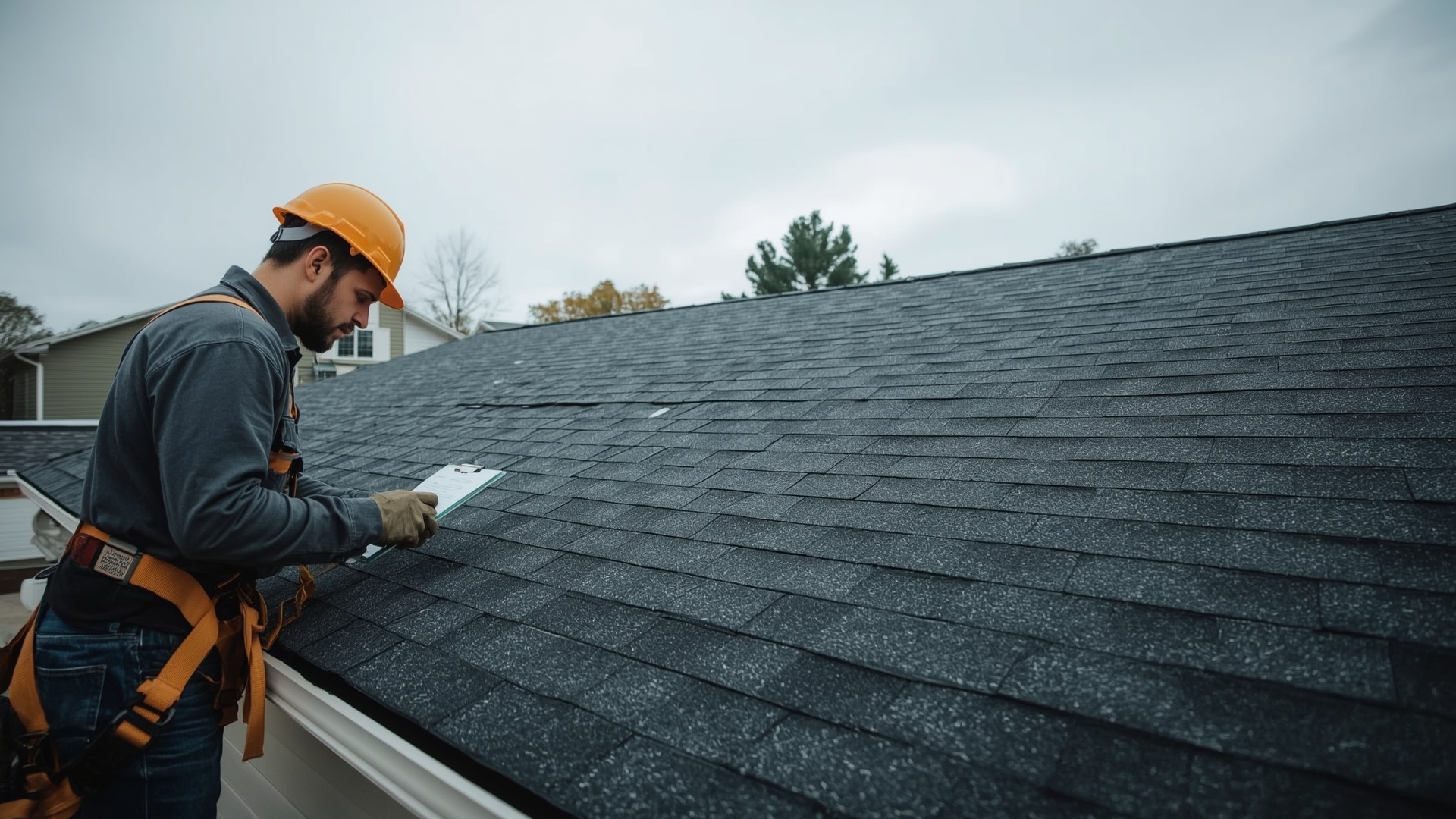 Roofing contractor inspecting completed shingle replacement on suburban home during claim process