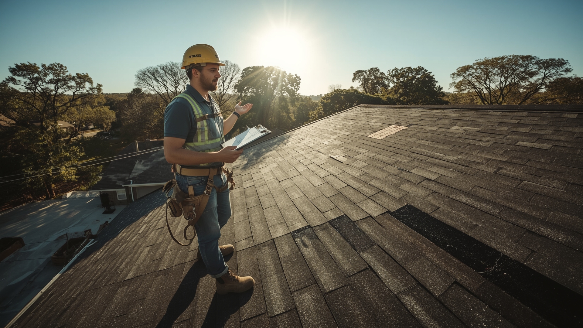 Roofing contractor standing on residential roof during replacement project reviewing work scope