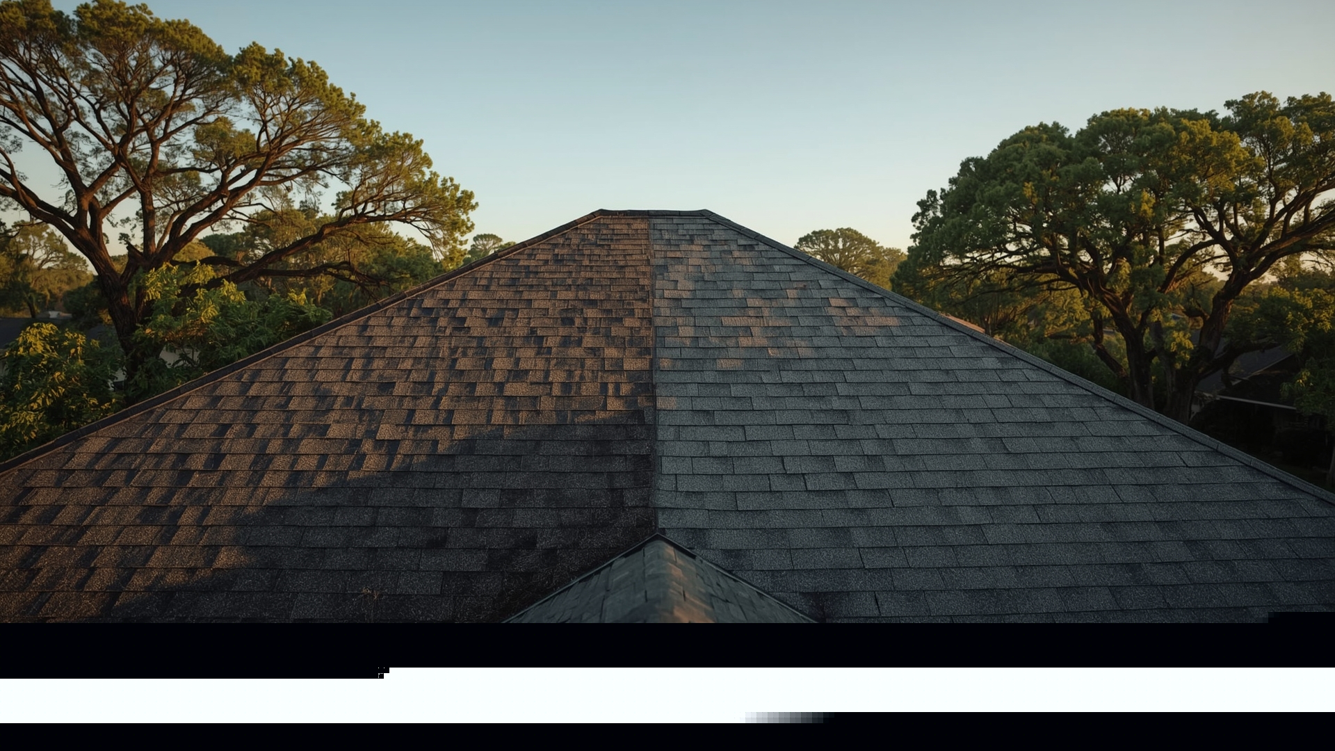 Side-by-side comparison of aging and new asphalt shingle roofs on suburban home