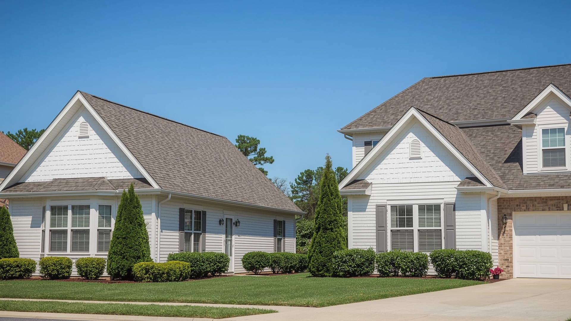 Side-by-side comparison of gable roof versus hip roof on neighboring residential homes