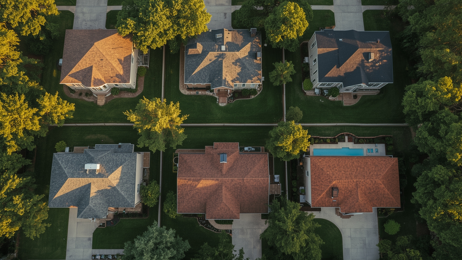 Six residential houses showing different types of roof styles for houses from aerial view